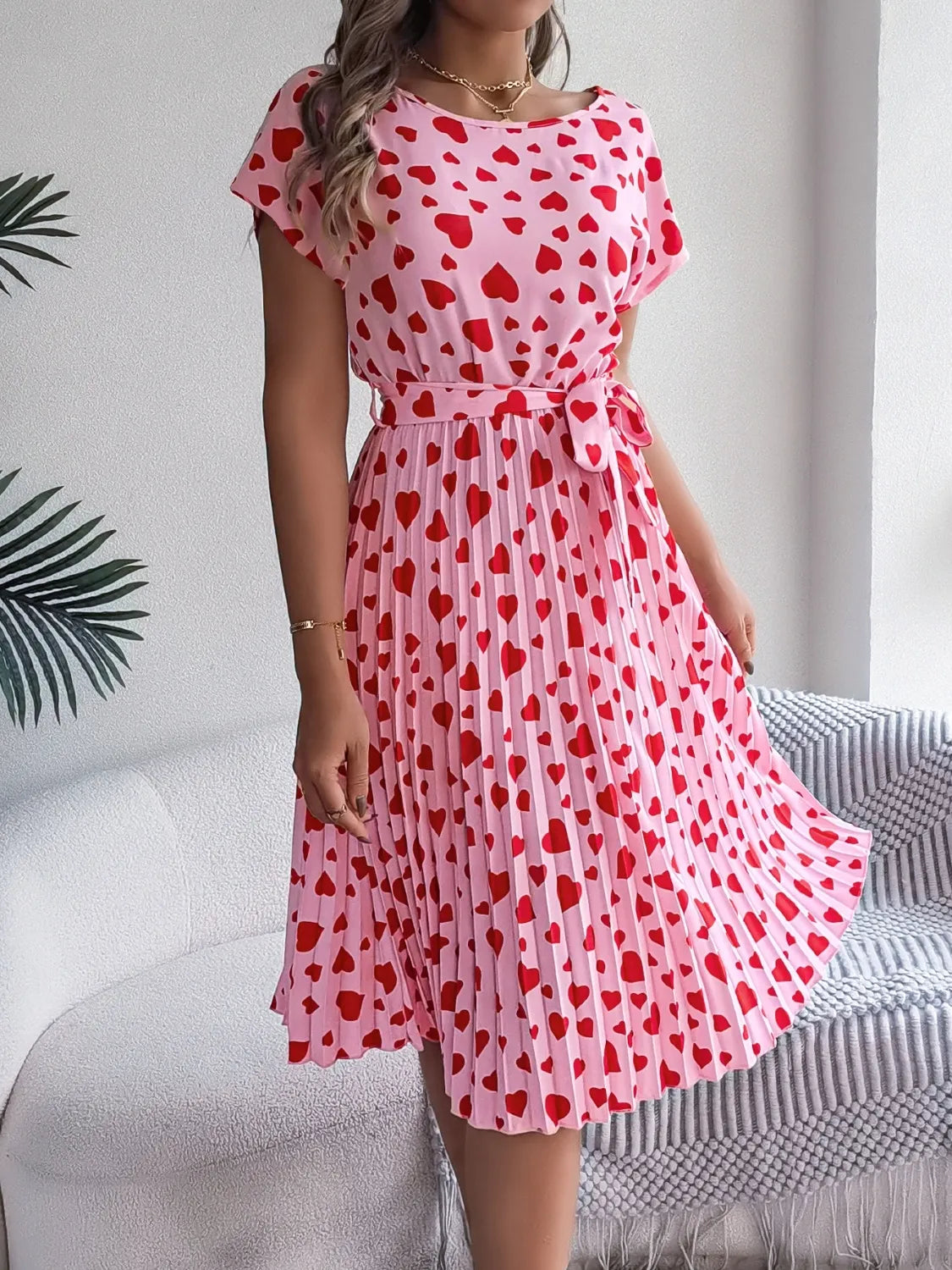 Heart Print Tie Waist Dress