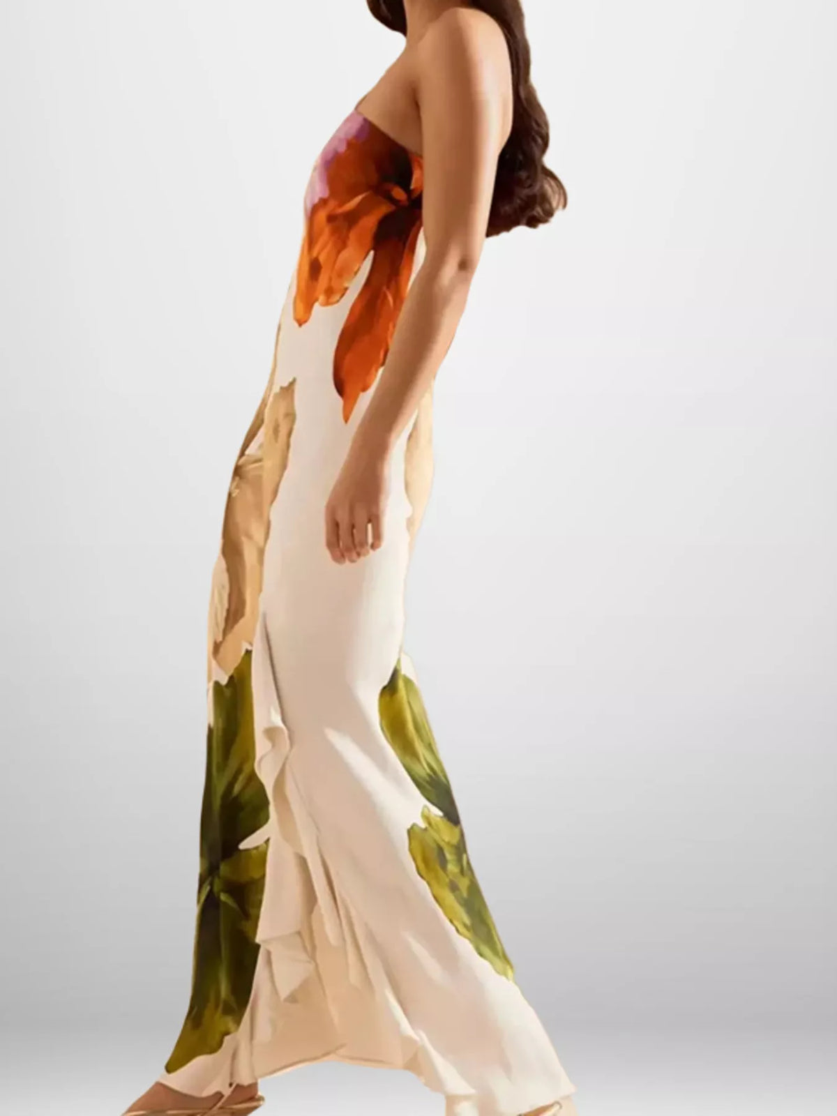 One-Shoulder Floral Satin Maxi Dress in Tan