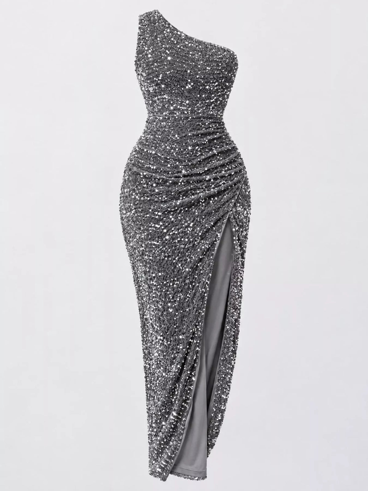 One-Shoulder Sequin High-Slit Evening Dress