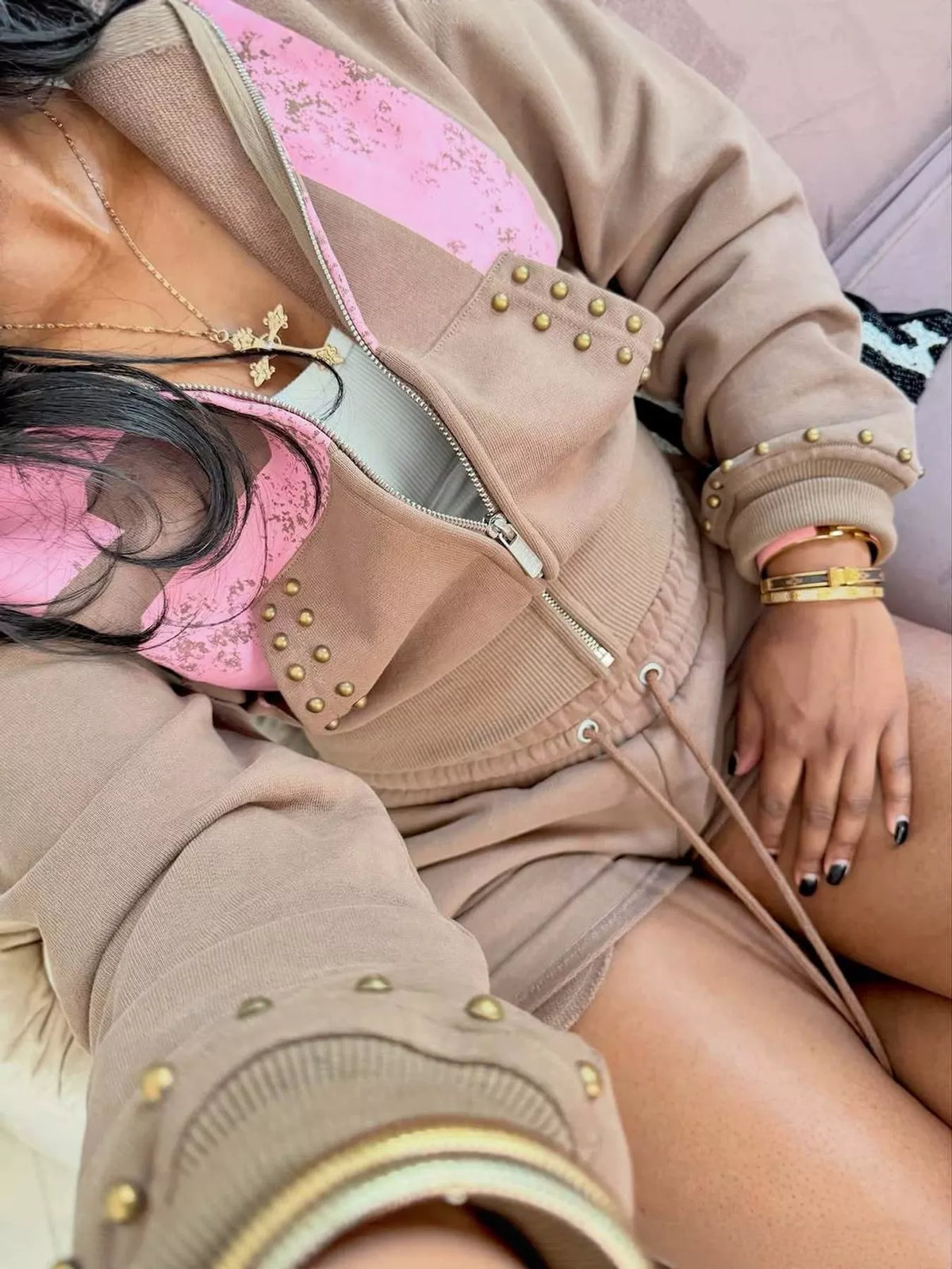 Studded Zip-Up Hoodie and Shorts Set