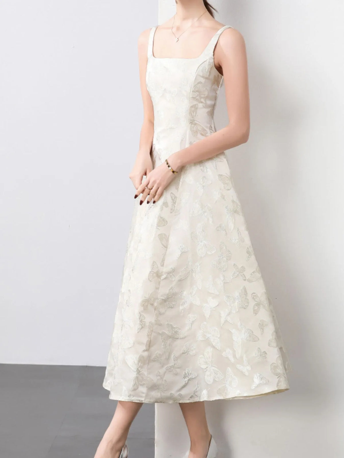 Butterfly Embroidered A-Line Midi Dress in Apricot