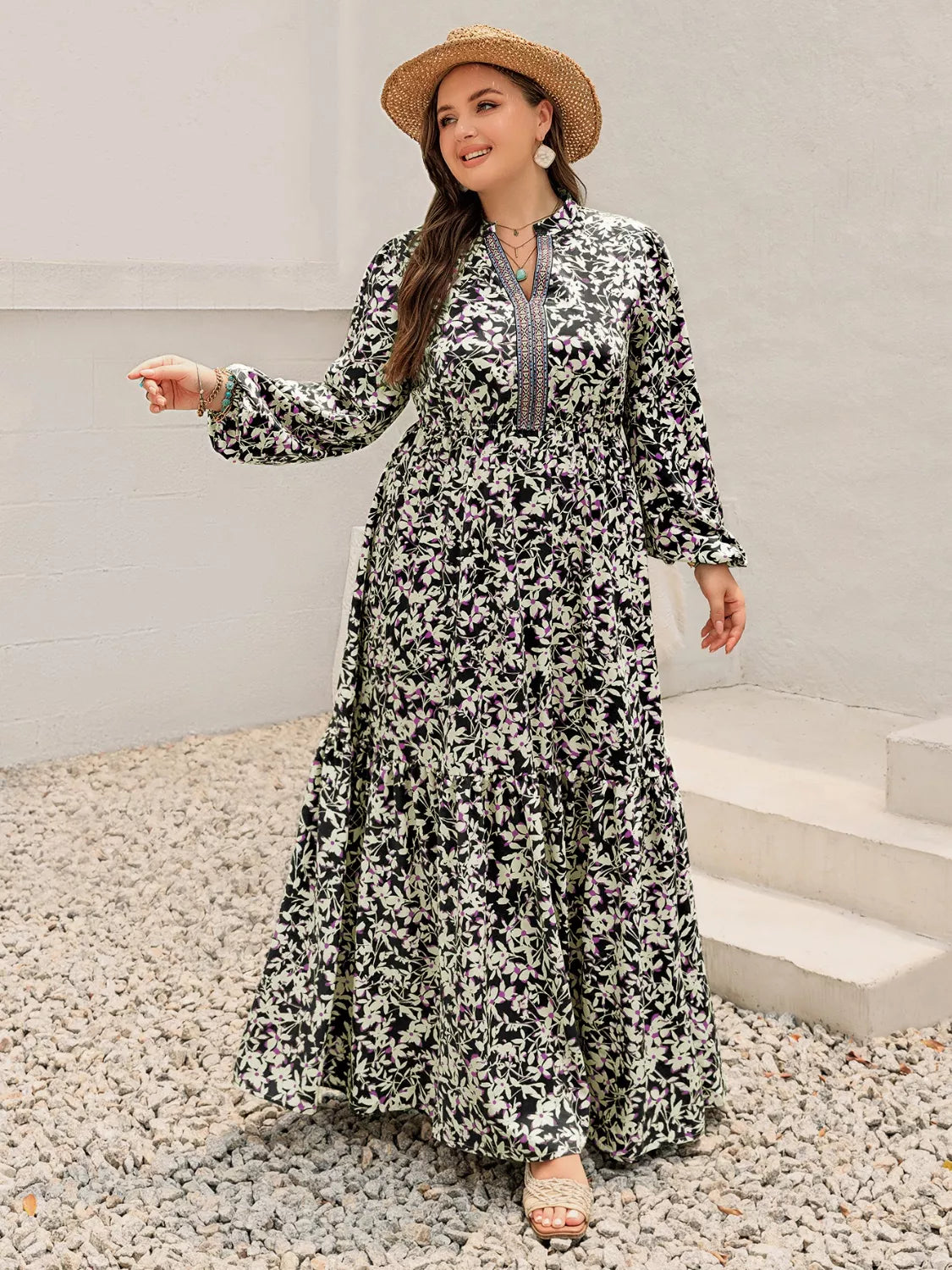 Floral Print Long Sleeve Tiered Maxi Dress in Black