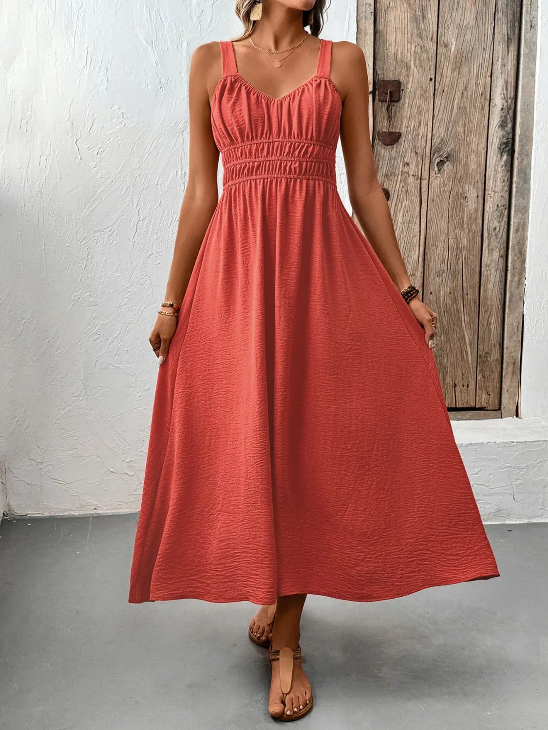 V-Neck Cami Midi Dress in Orange-Red