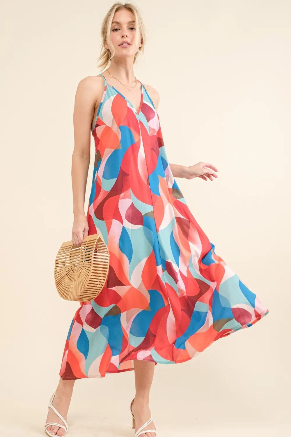 And The Why Printed Crisscross Back Cami Dress in Blue Multi