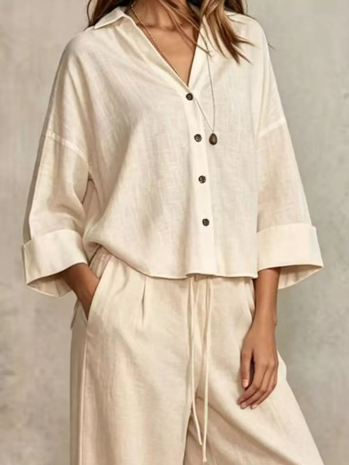 Button-Down Shirt and Wide-Leg Pants Set