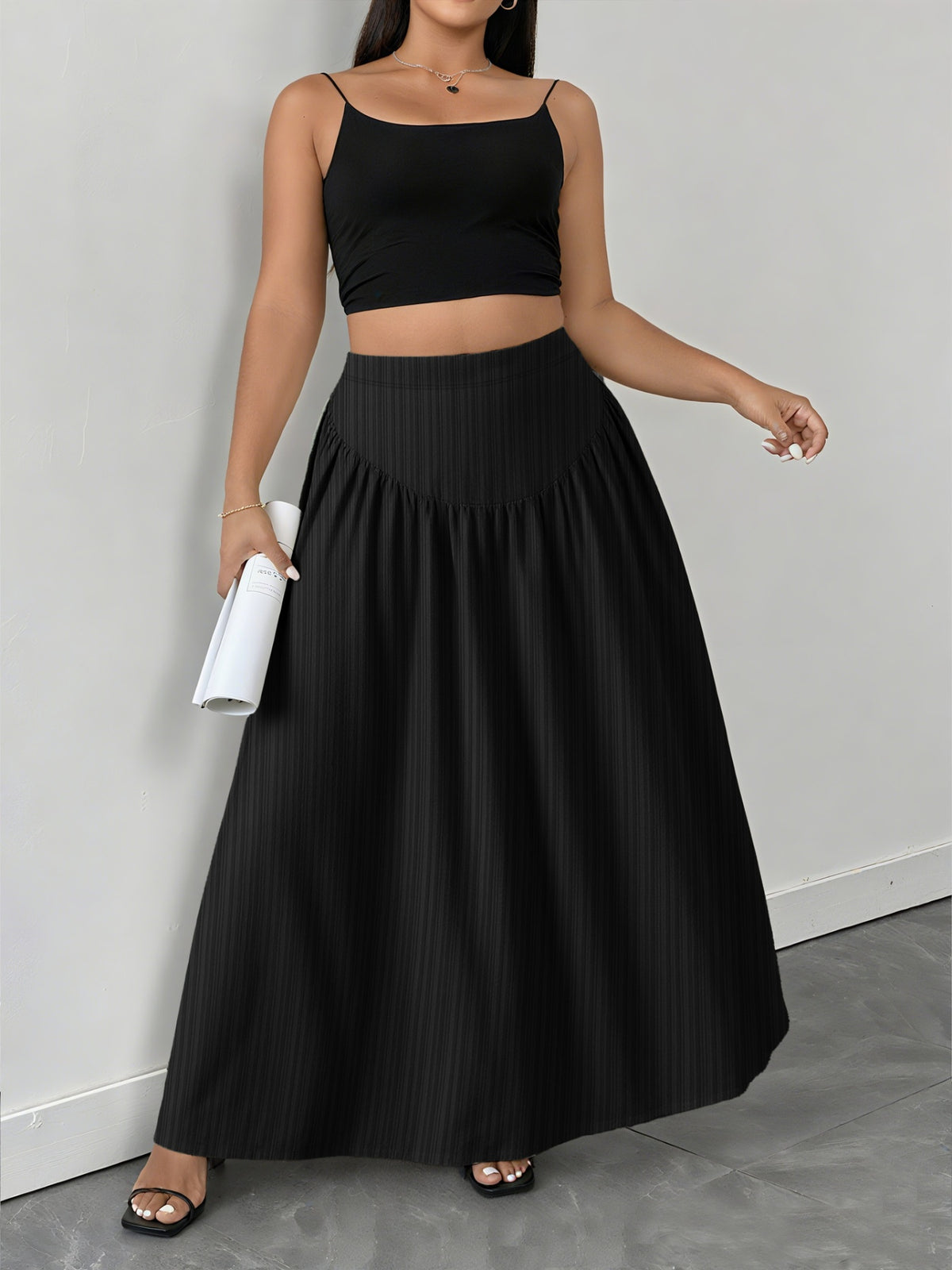 Ruched Maxi Skirt with Pockets in Black