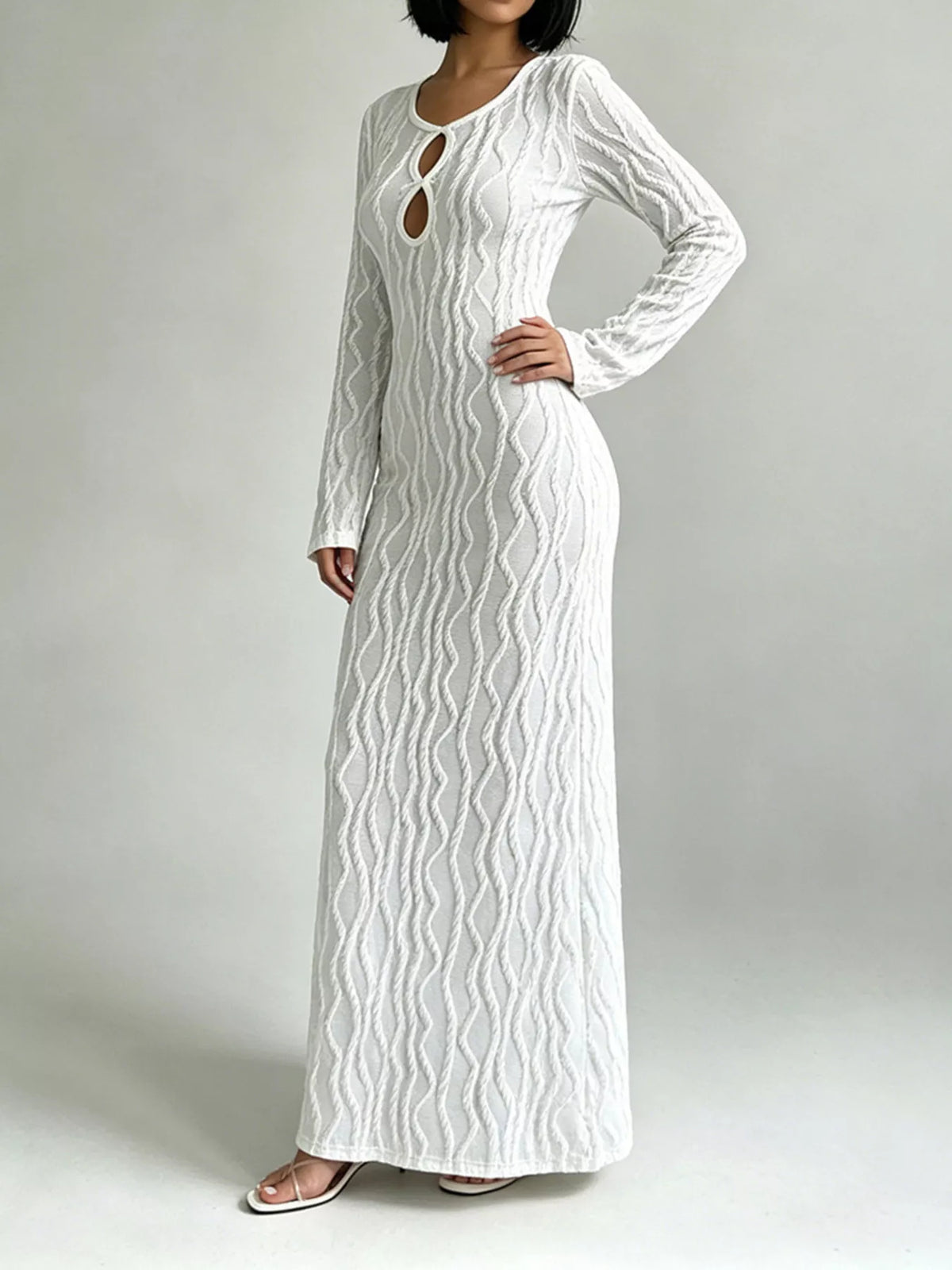 Ribbed Cutout Long Sleeve Maxi Dress in White