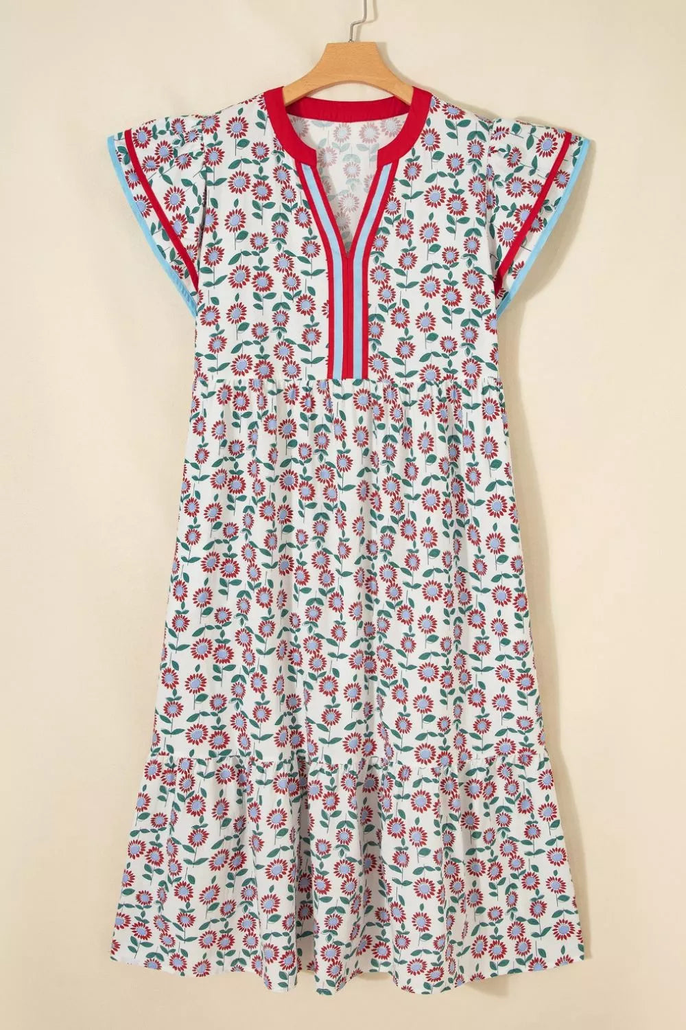 Ruffle Sleeve Tiered Midi Dress in Strawberry