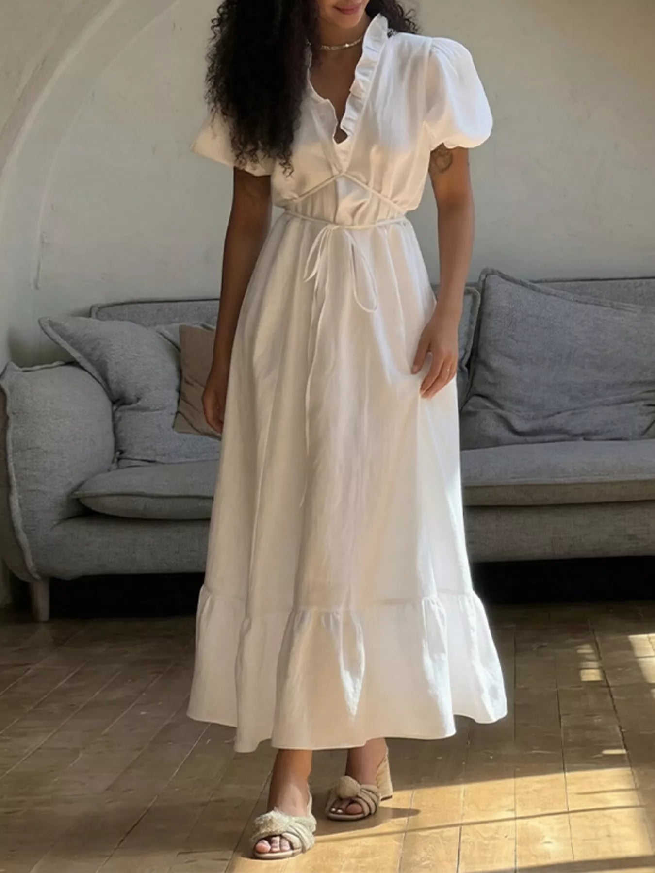 Ruffle Trim Puff Sleeve Maxi Dress