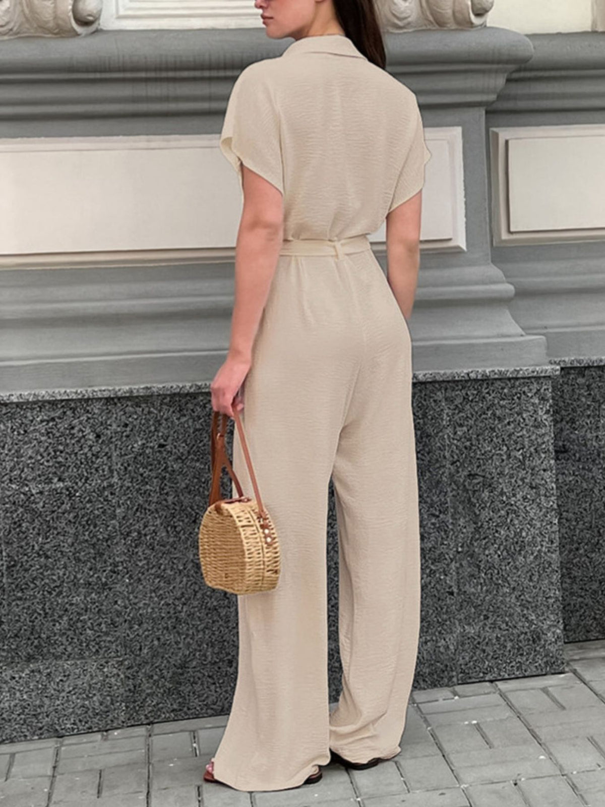 Chest Pocket Wide-Leg Jumpsuit in Beige