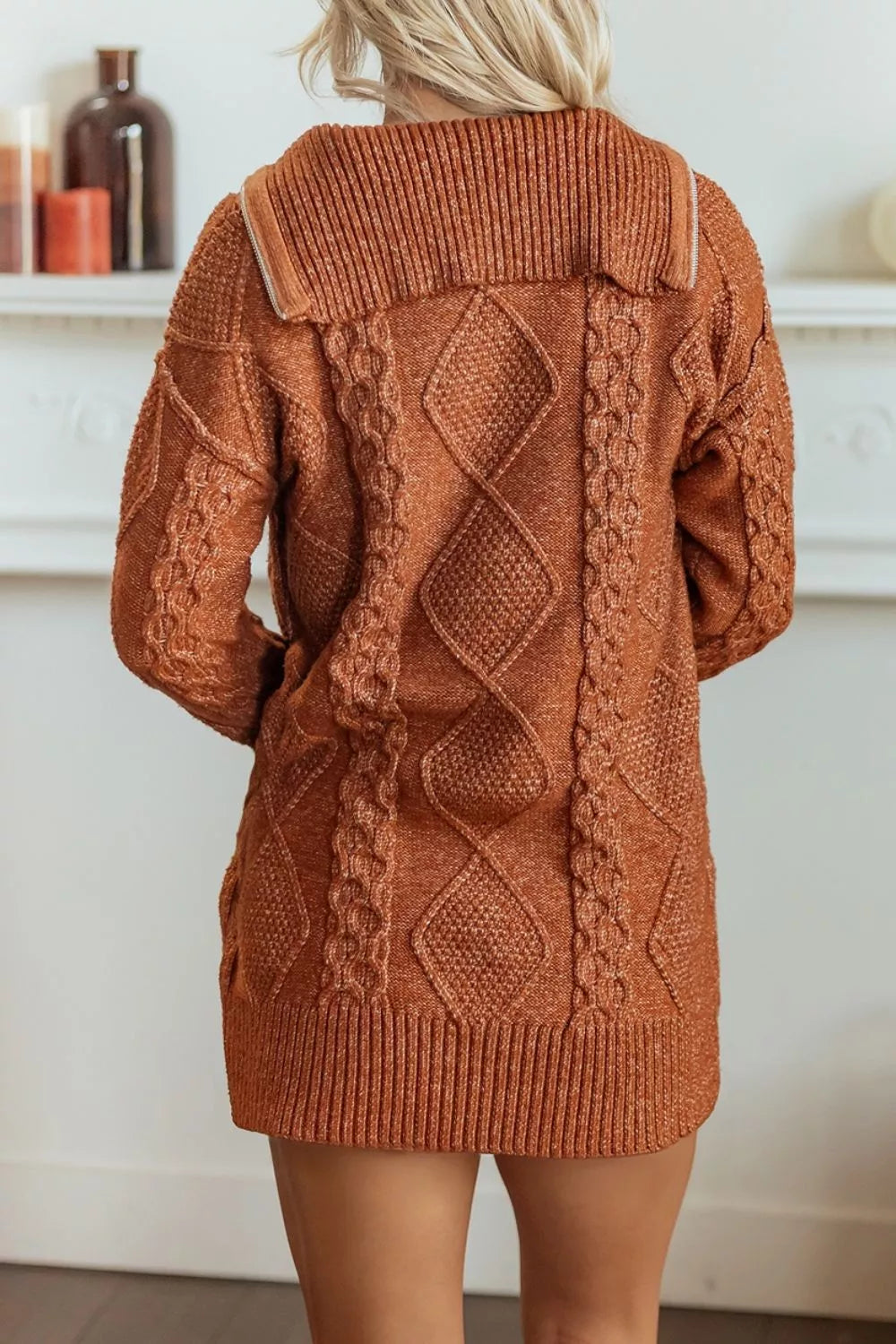 Zip-Up Cable Knit Drop Shoulder Sweater Dress in Caramel