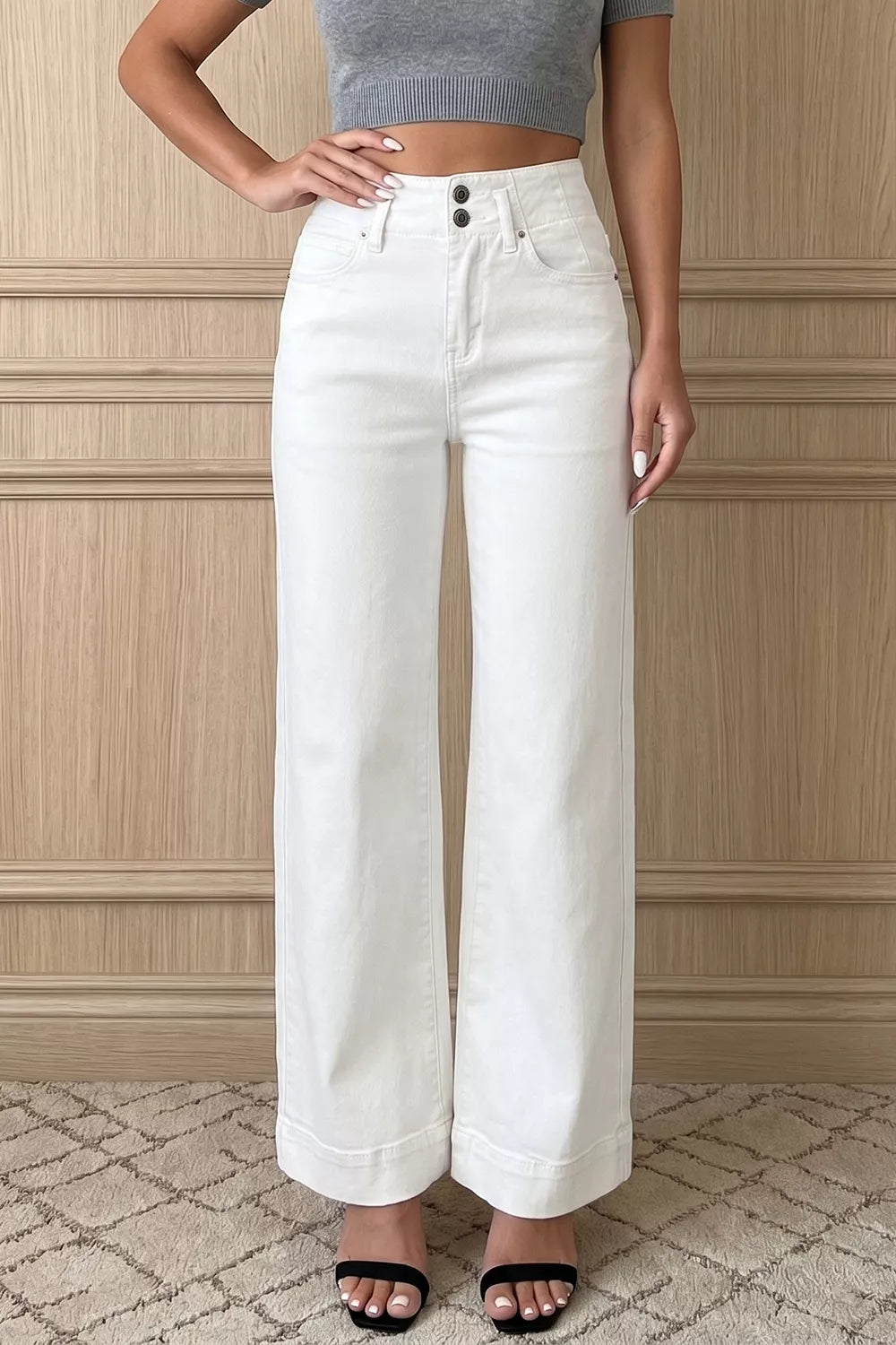 2-Button High-Waist Wide-Leg Jeans in White