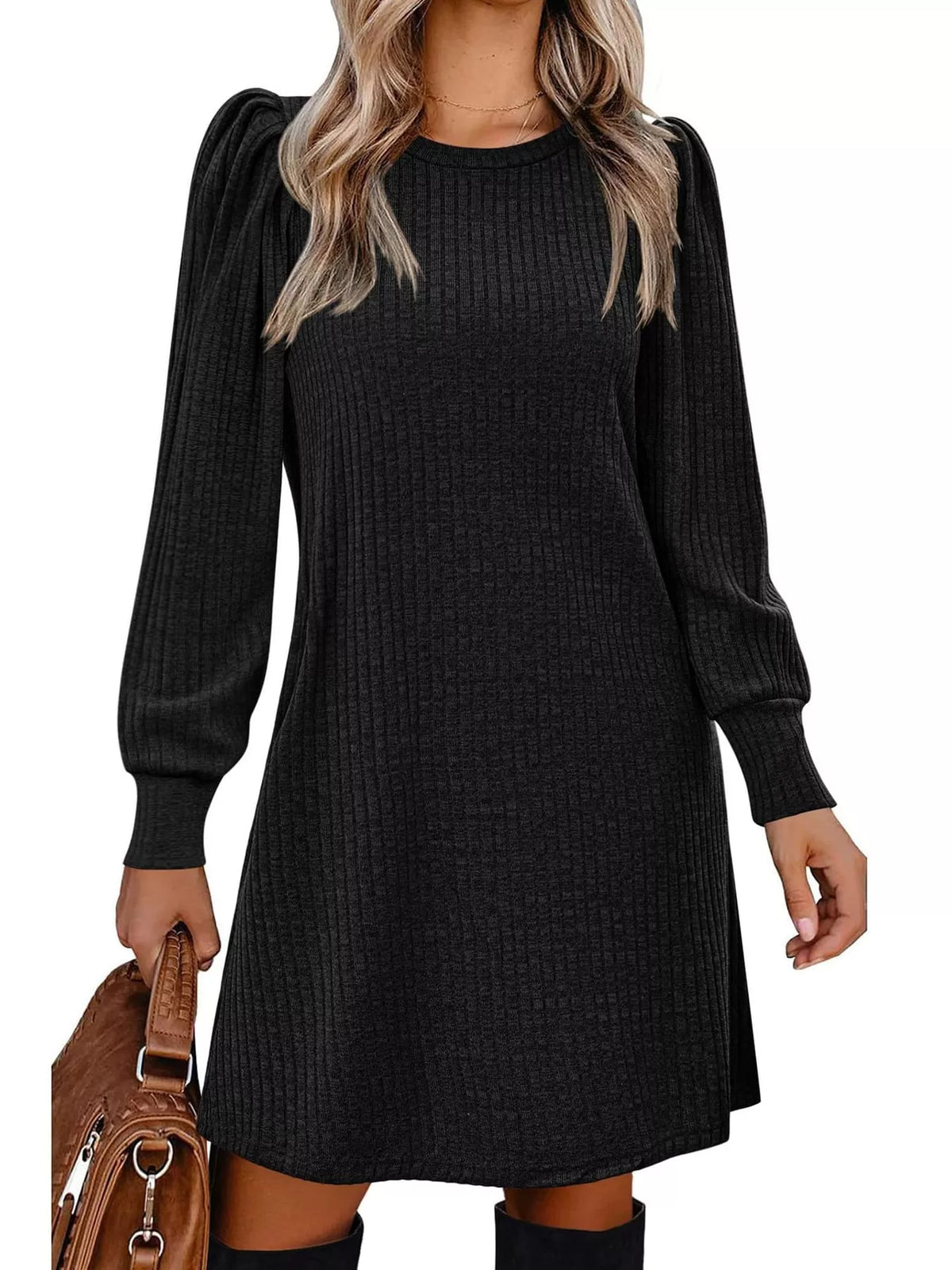 Puff Sleeve Ribbed Knit Dress with Pockets