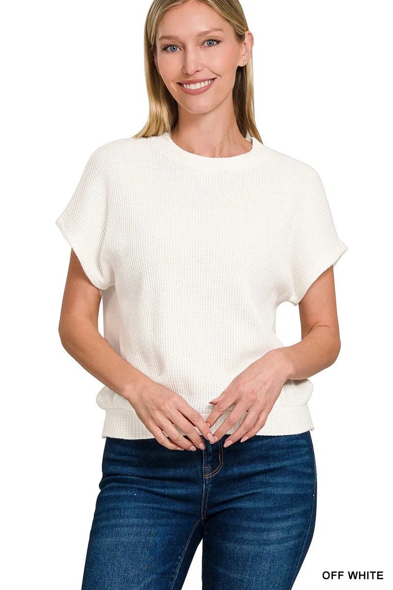 Zenana Banded Button Short Sleeve Sweater in Off White