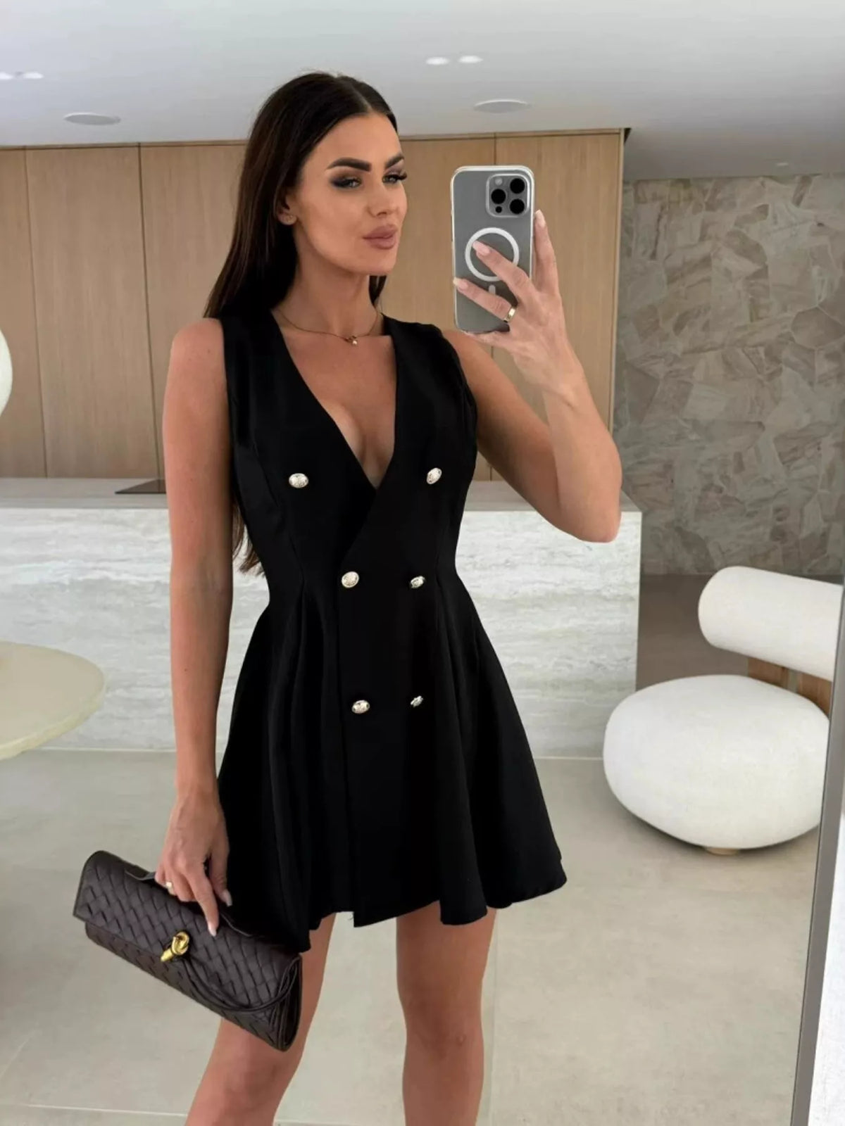 Double-Breasted V-Neck Pleated Mini Dress