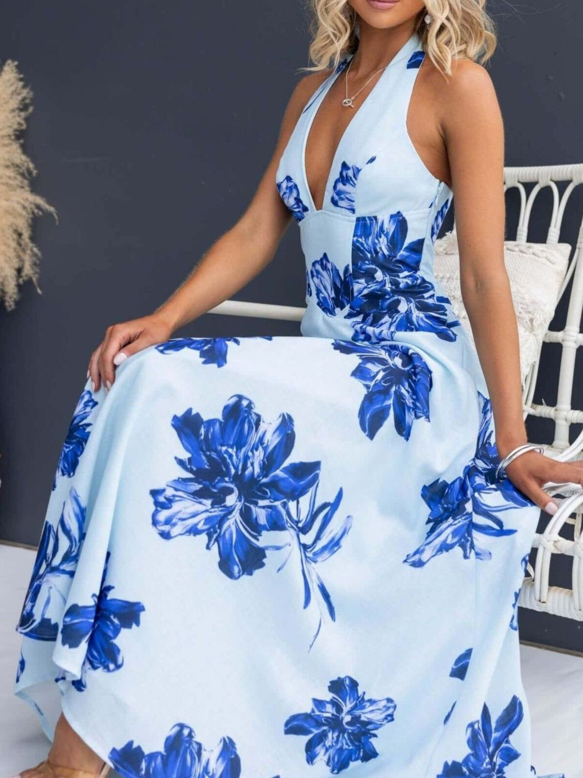 Floral Print Lace-Up Halter Maxi Dress