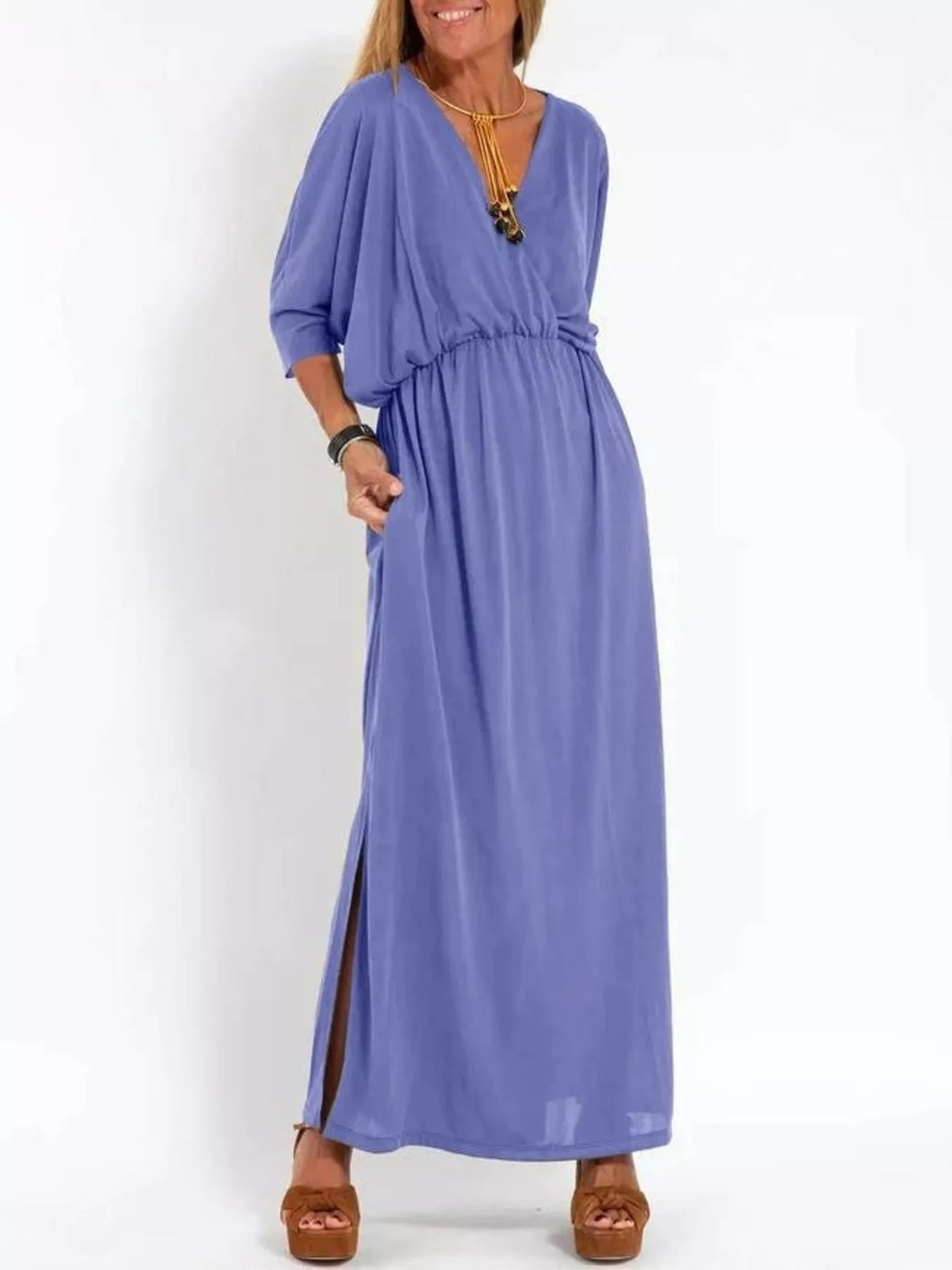 V-Neck Batwing Sleeve Maxi Dress with Pockets