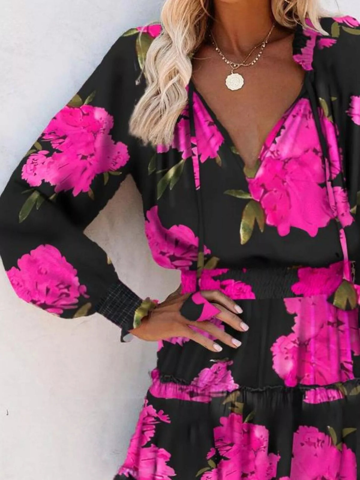 Tie-Neck Lantern Sleeve Dress with Tiered Ruffles