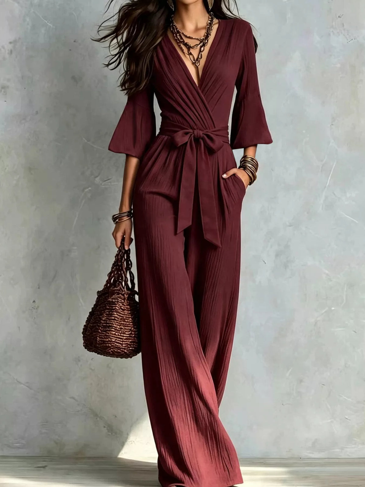 Pleated Wide-Leg Jumpsuit with Tie Waist
