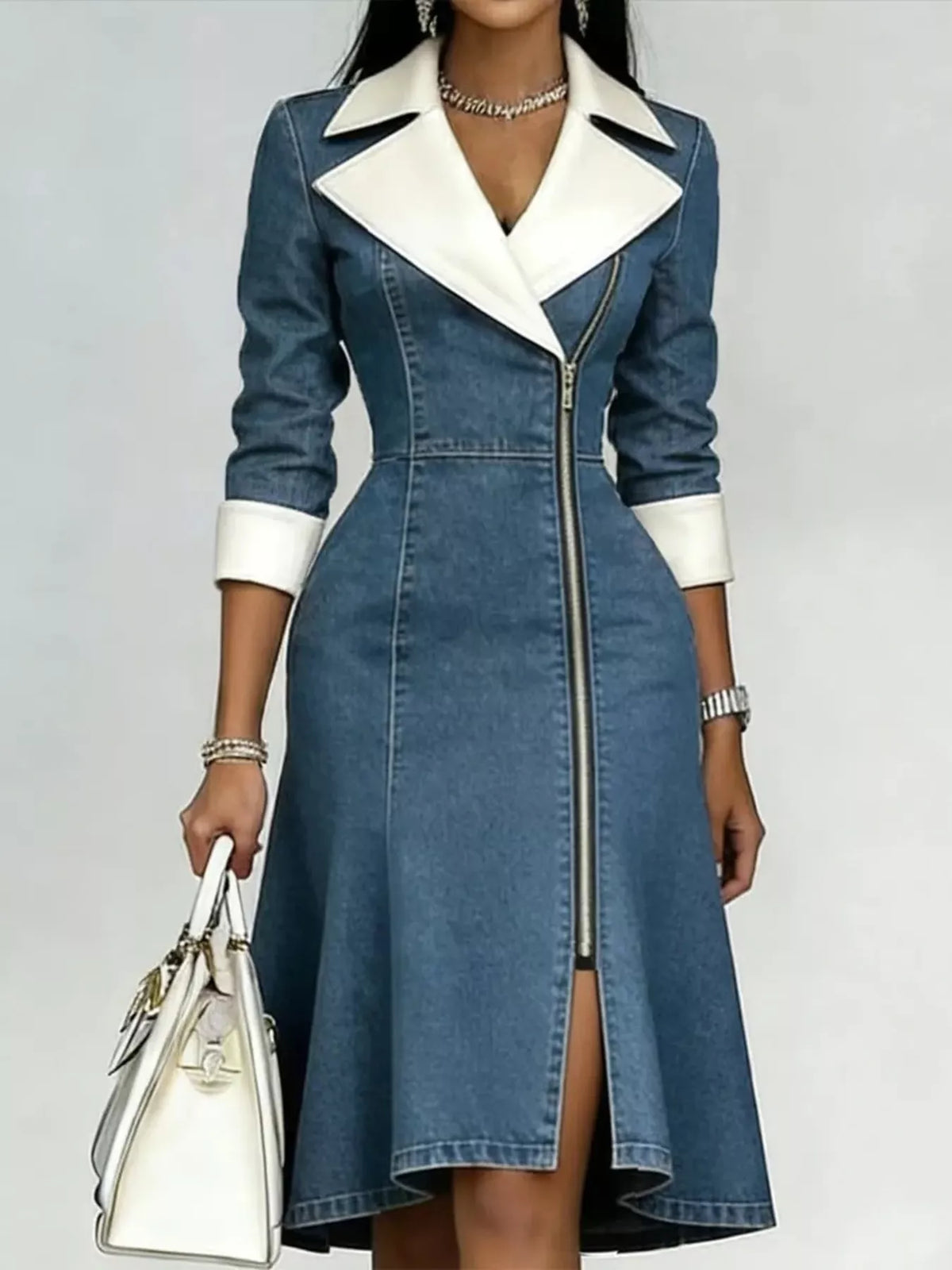 Contrast Lapel Zip-Front Denim Dress