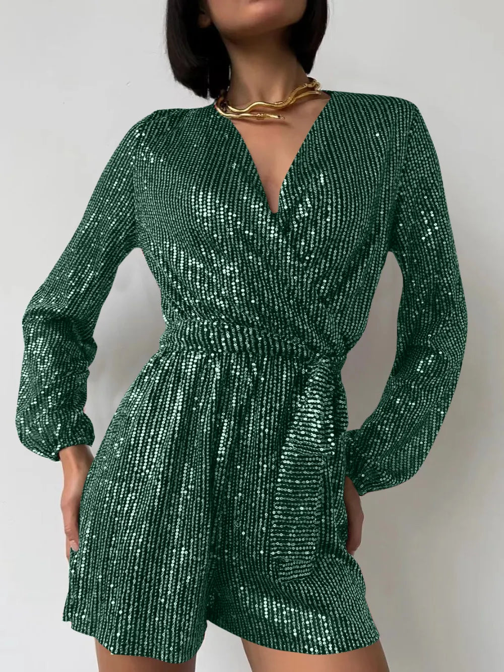 Sequin Surplice Tie Waist Romper