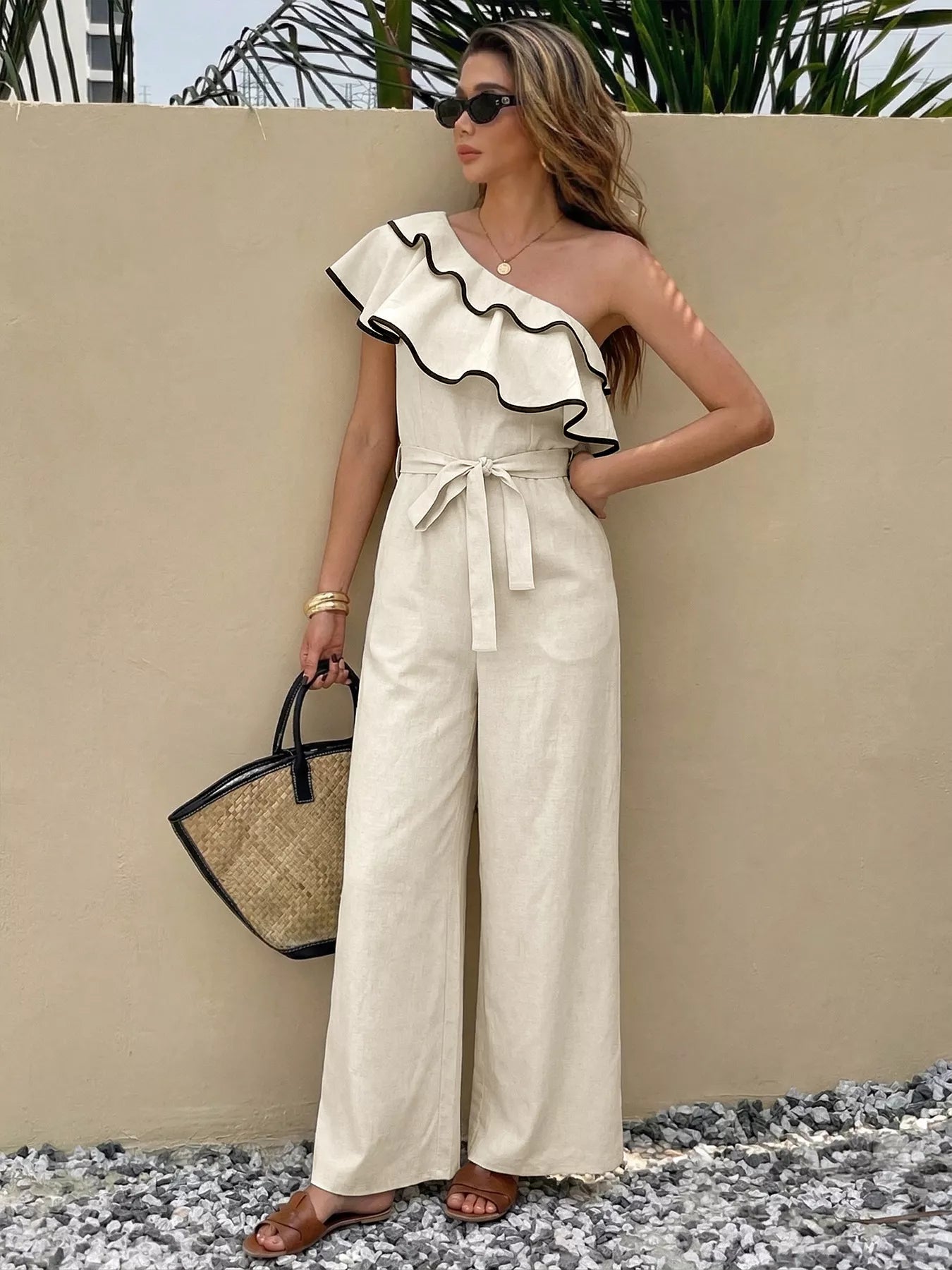 Ruffle One-Shoulder Wide Leg Jumpsuit in Khaki