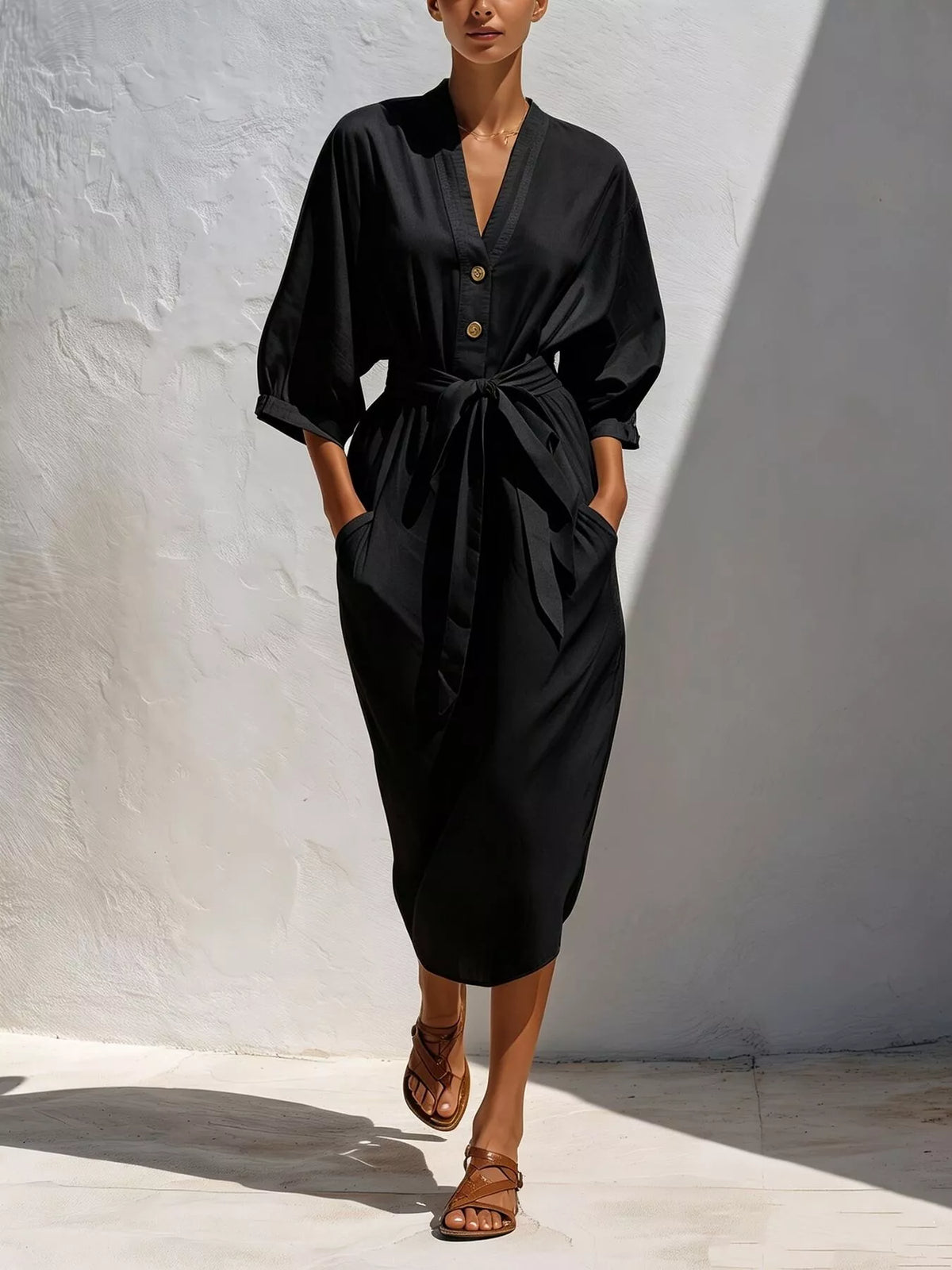 Tie-Waist V-Neck Button Midi Dress