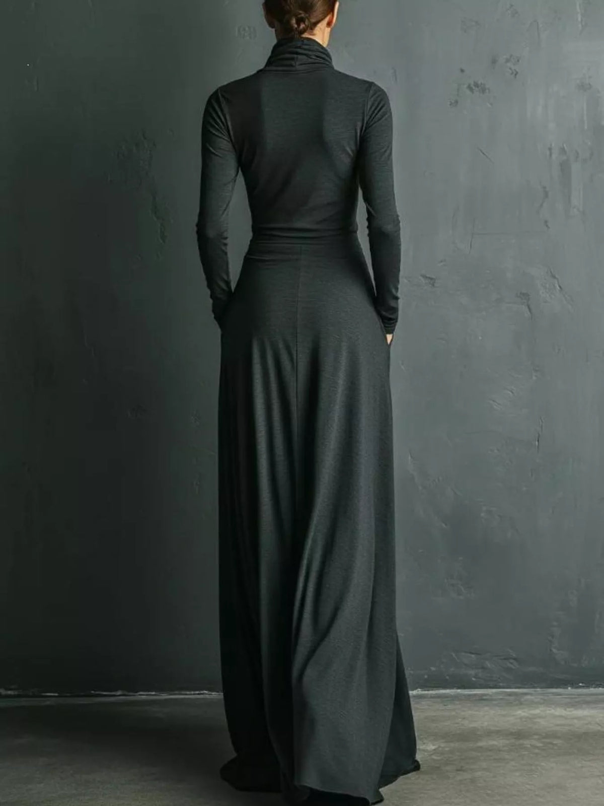 Turtleneck Long-Sleeve Draped Maxi Dress
