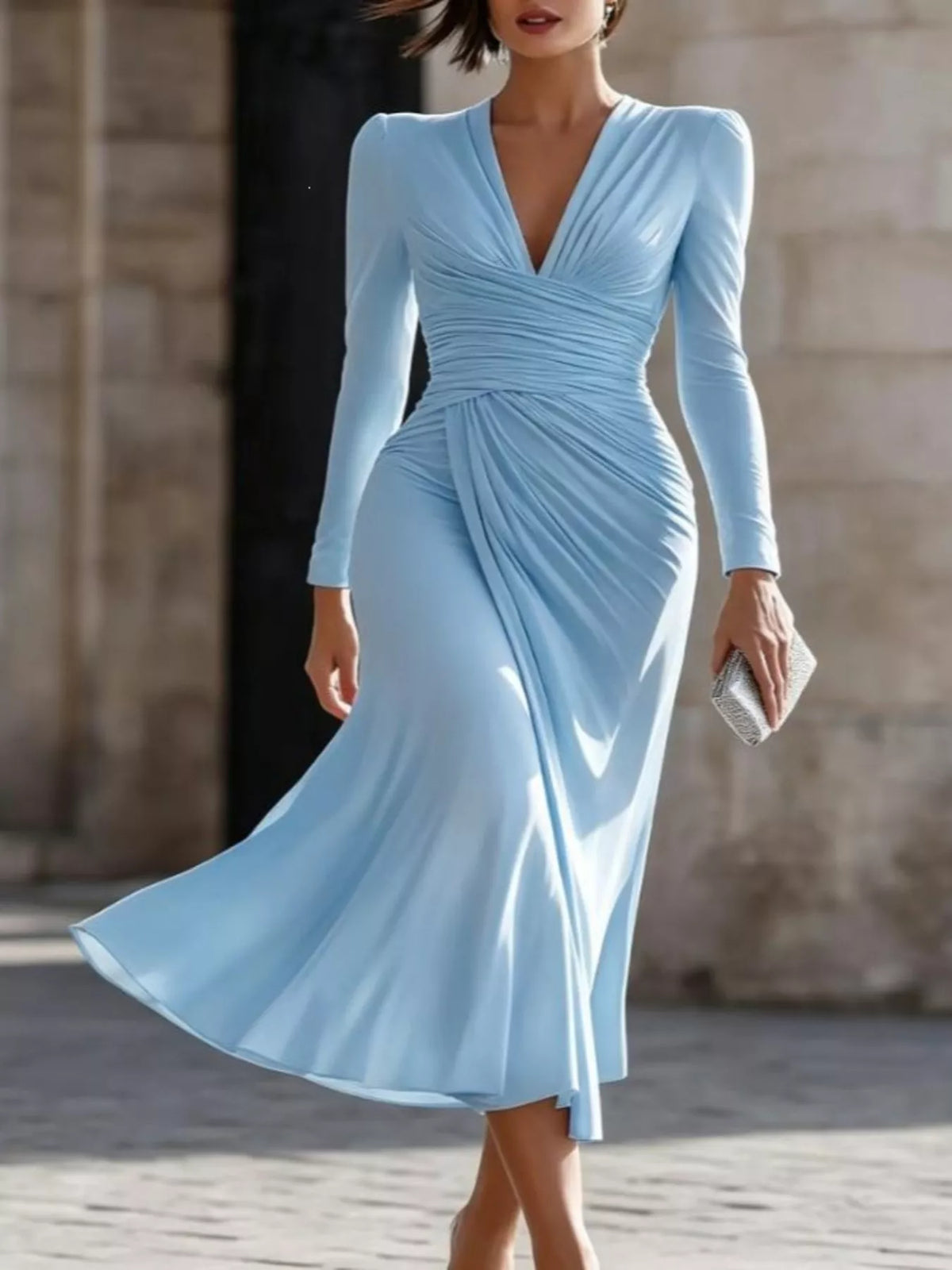 Ruched Long Sleeve Midi Dress
