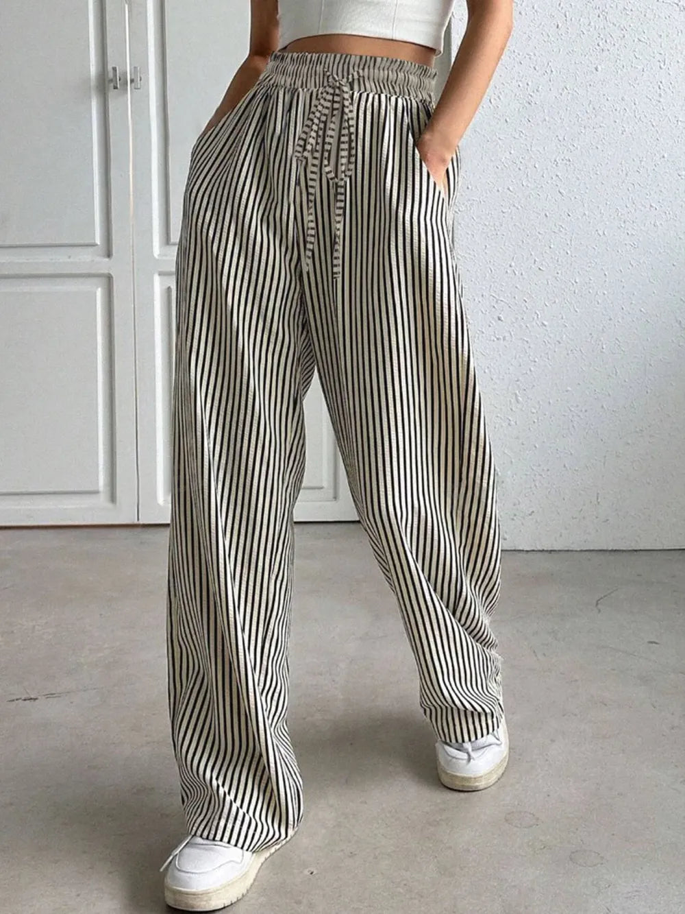 Striped Drawstring Elastic-Waist Pants