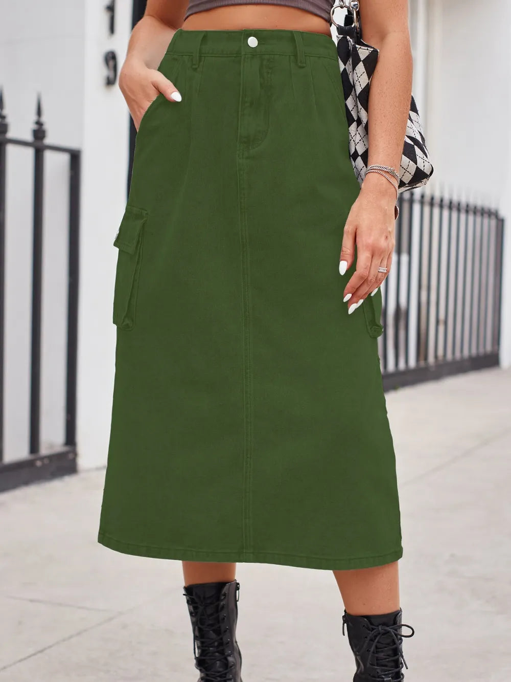 Slit Buttoned Denim Skirt with Pockets by Manny