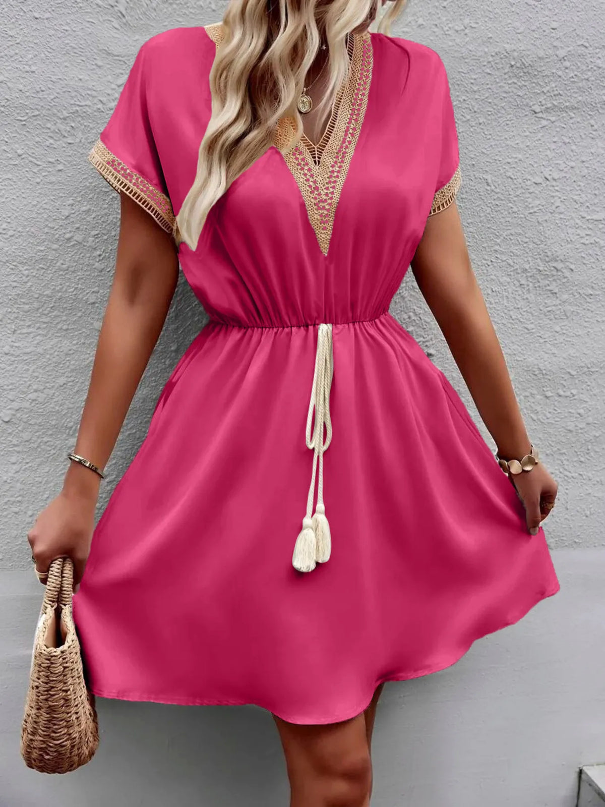Tied V-Neck Short Sleeve Mini Dress