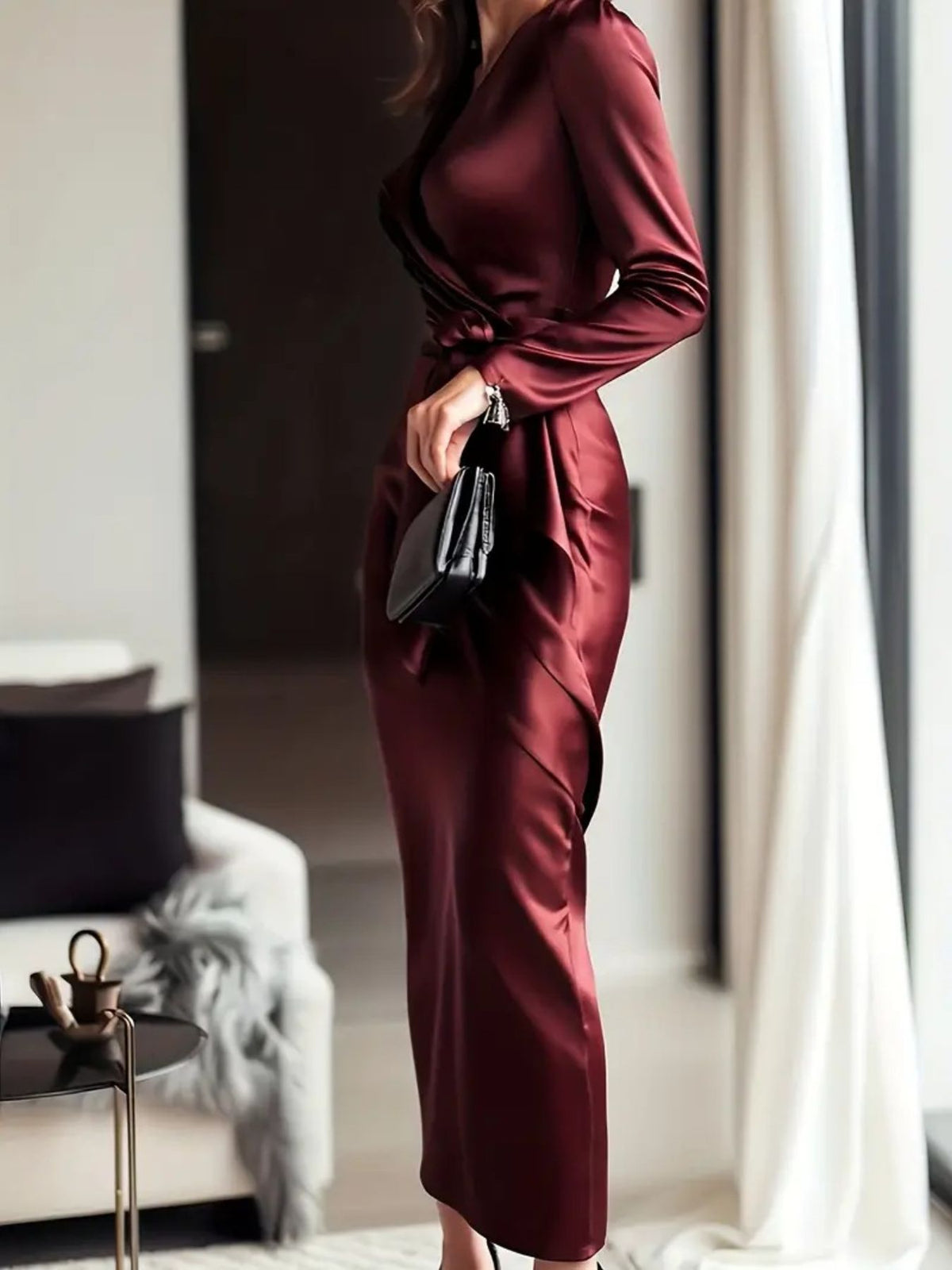 Satin Tie-Waist Long-Sleeve Dress