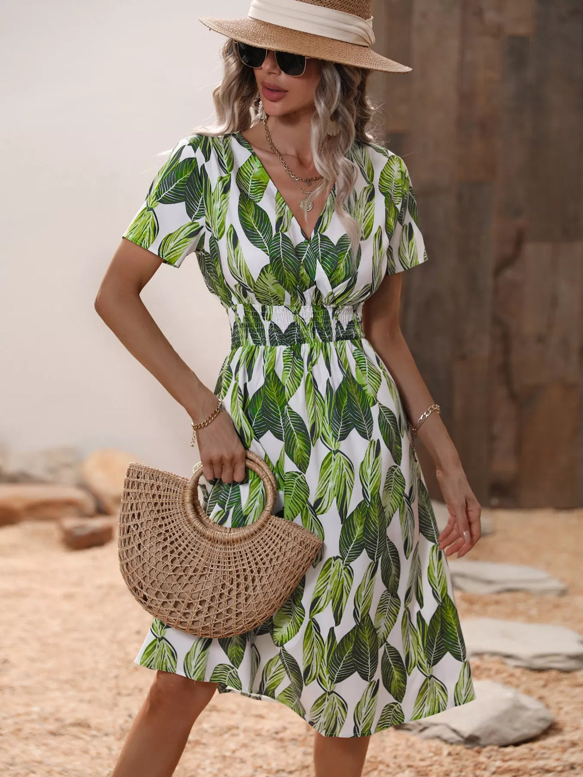 Smocked Printed Short-Sleeve Midi Dress