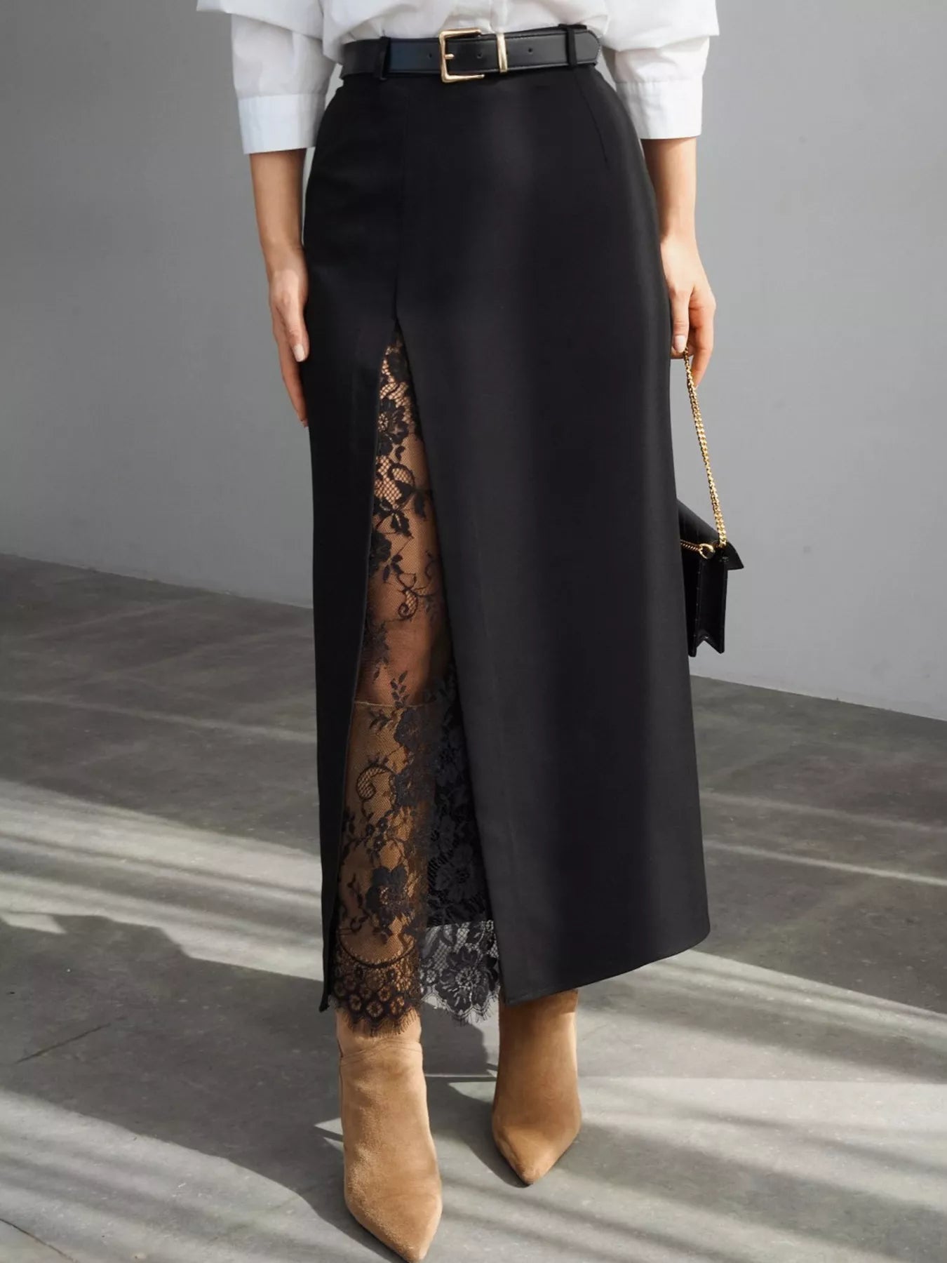 Lace-Trimmed Slit A-Line Skirt