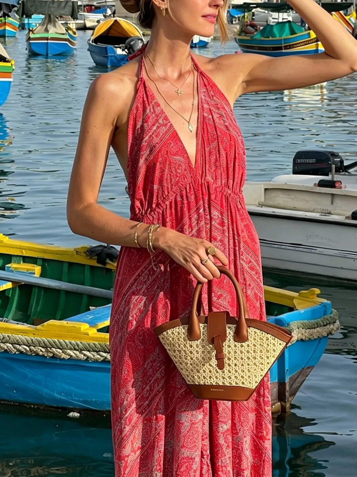 Tiered Halter Neck Maxi Dress in Deep Rose