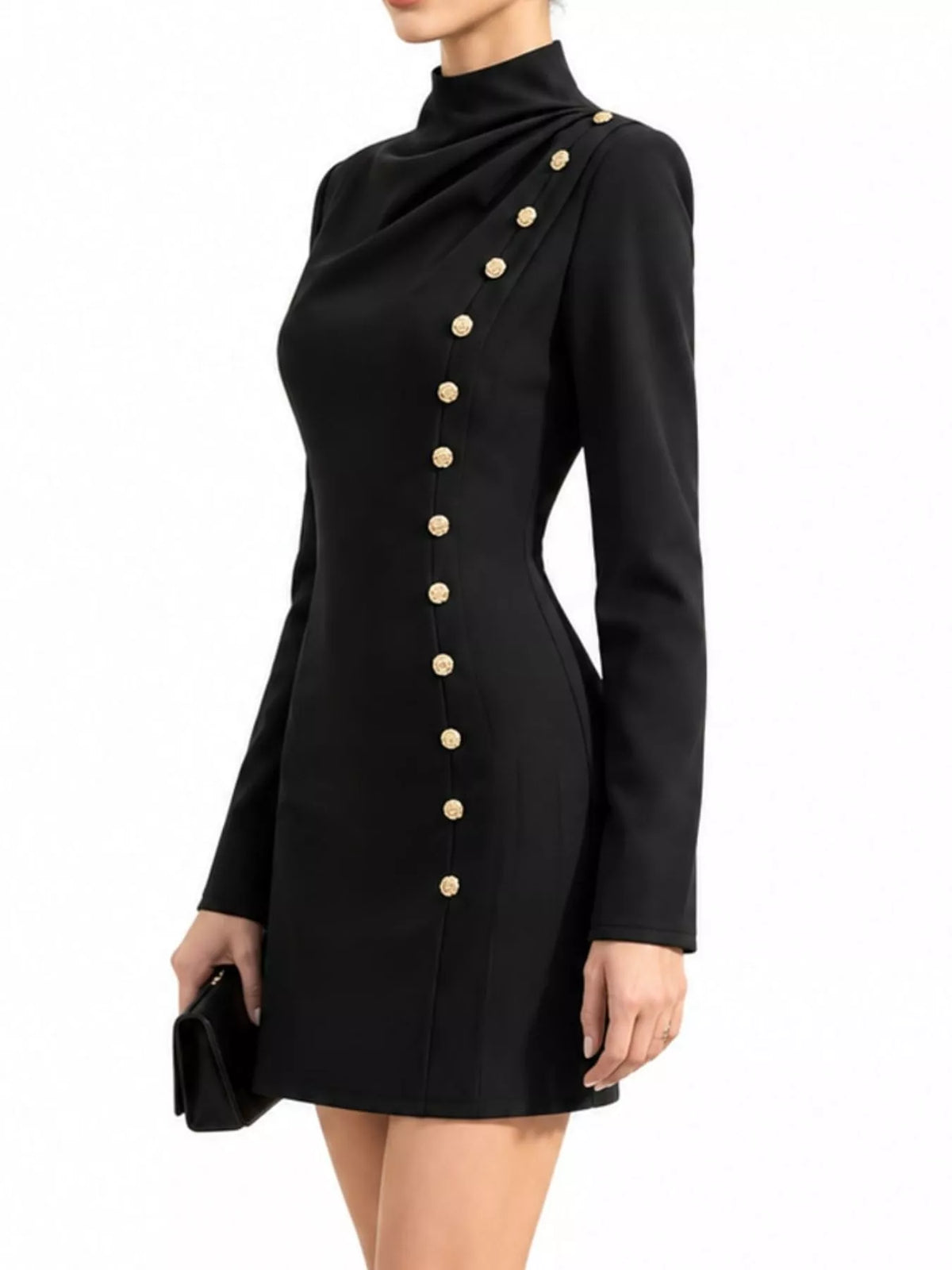 Decorative Button Mock Neck Mini Dress