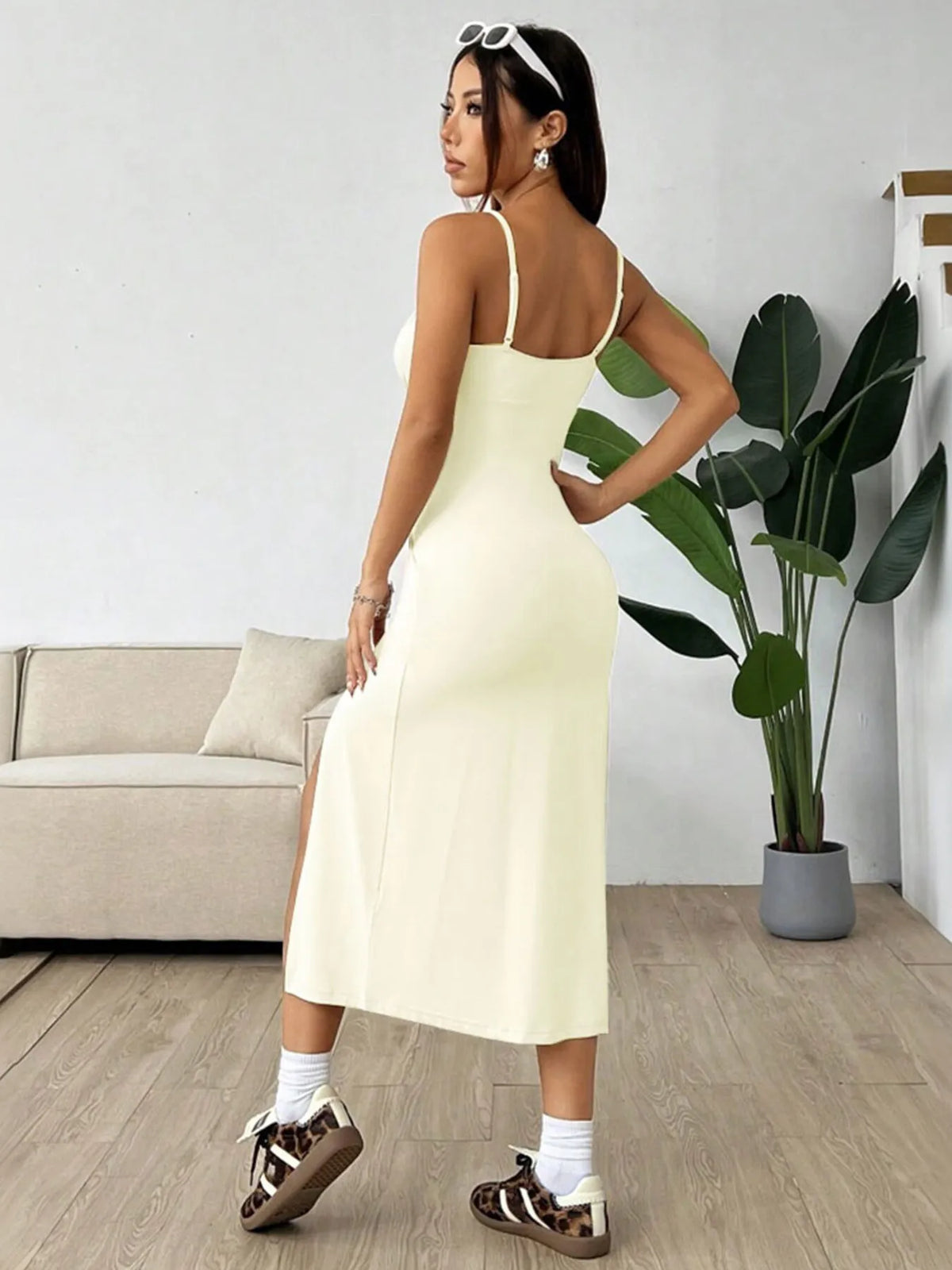 Ruched Slit Cami Midi Dress