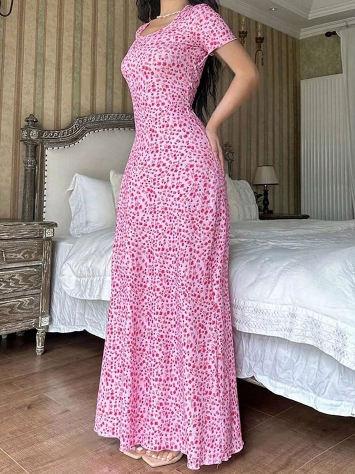 Floral Print Short Sleeve Maxi Dress