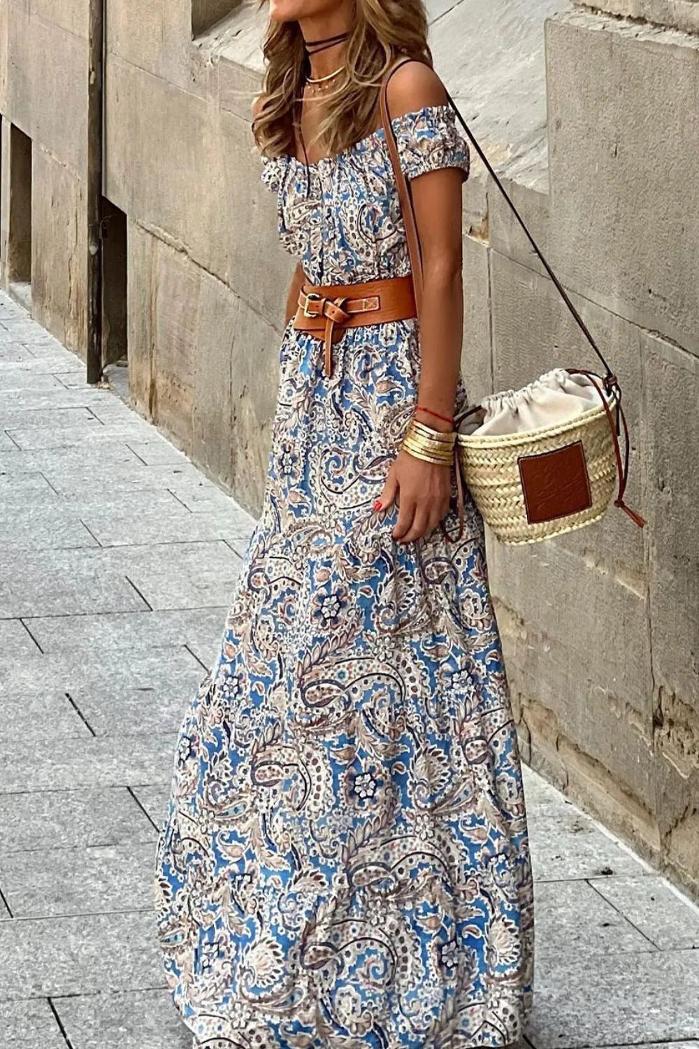Paisley Print Off Shoulder Maxi Dress in Dusty Blue