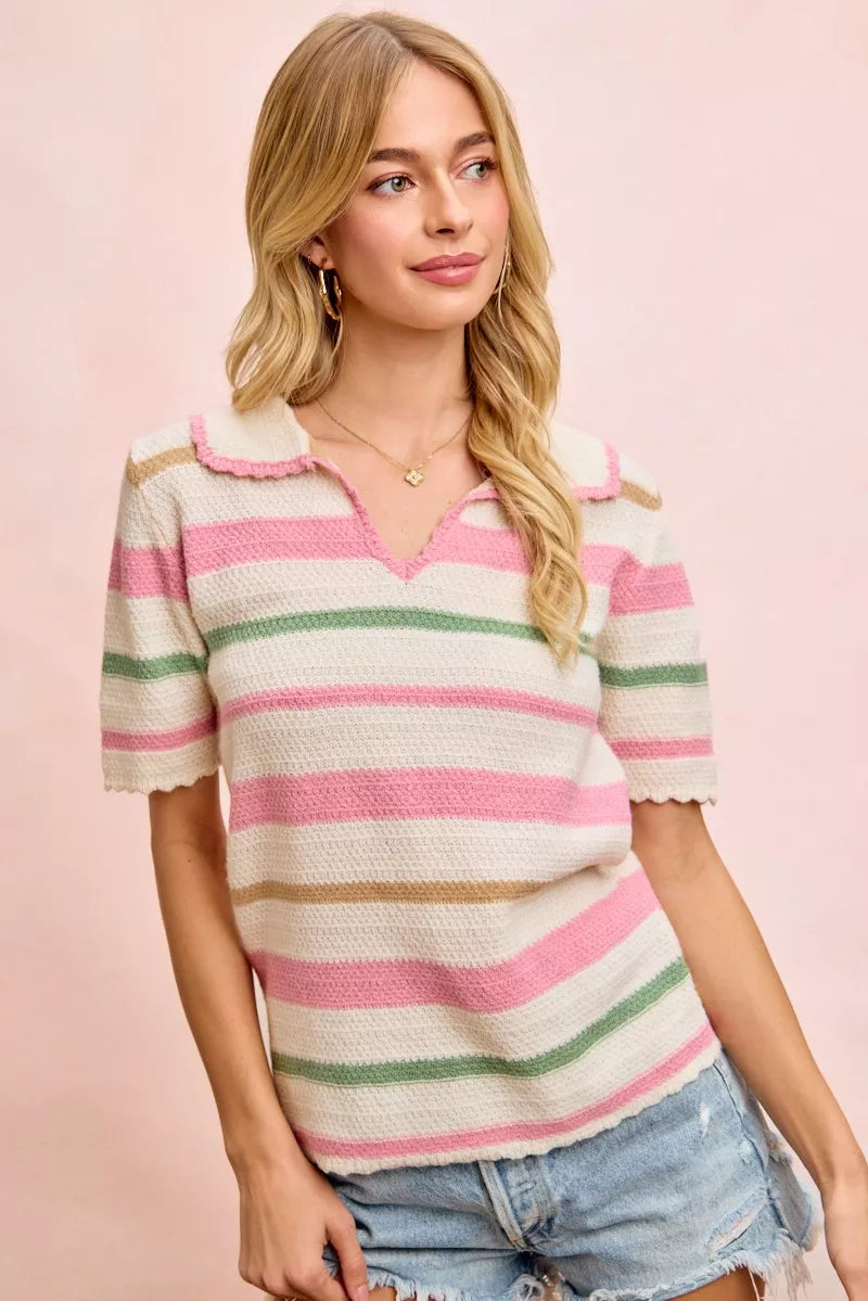 Striped Collared Knit Top in Cream/Pink by BiBi