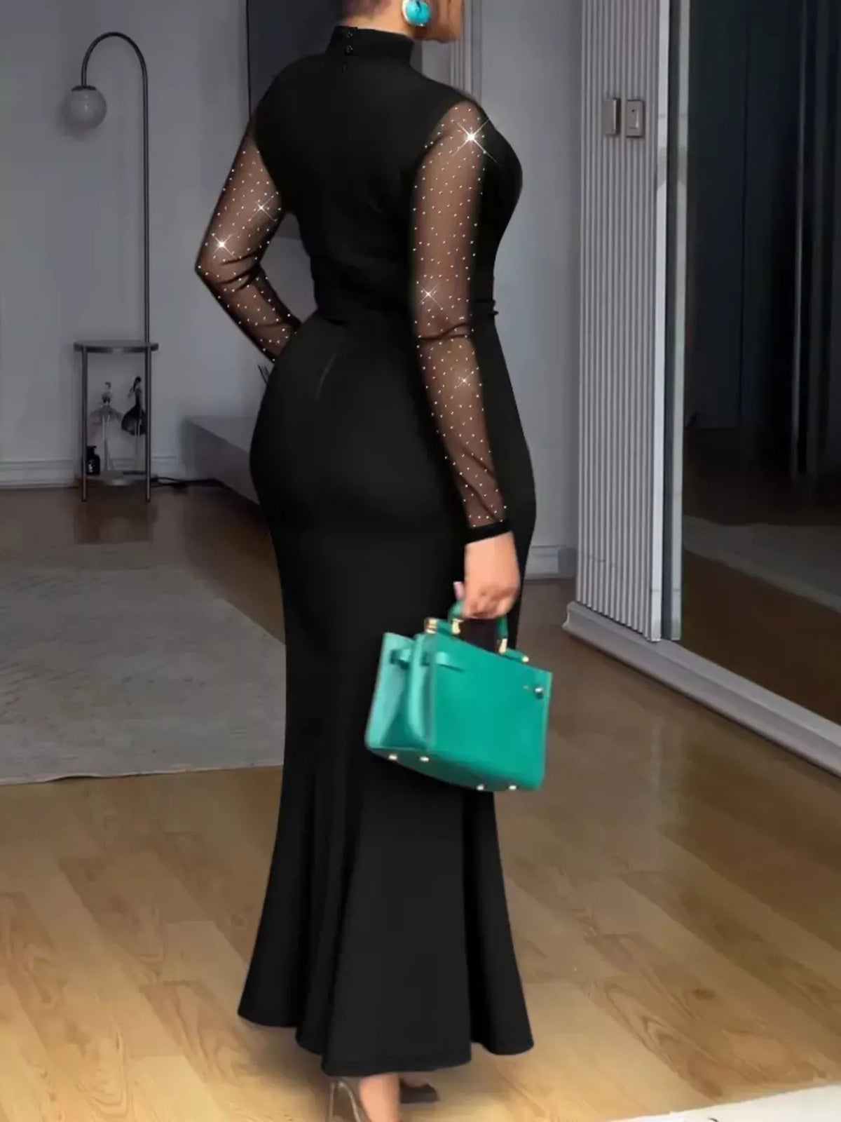 Mesh Mock Neck Maxi Dress in Black