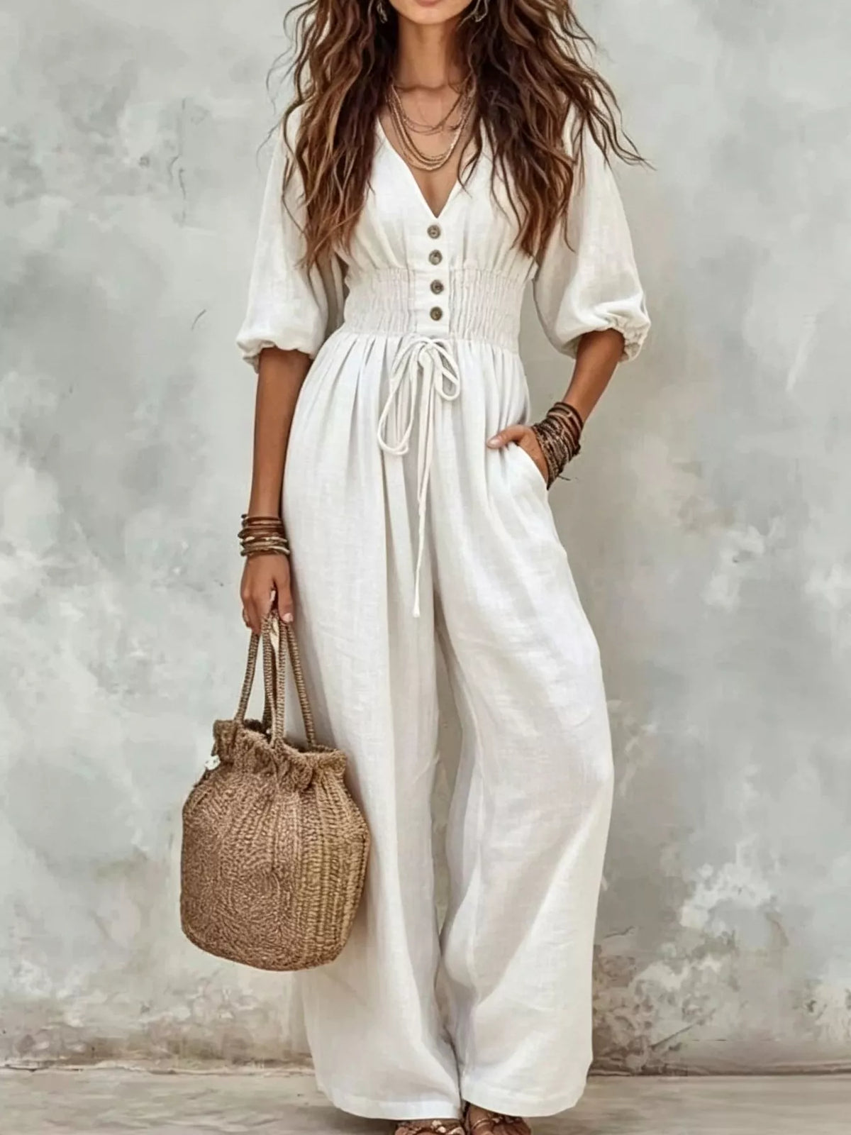 Smocked Waist Wide-Leg Jumpsuit