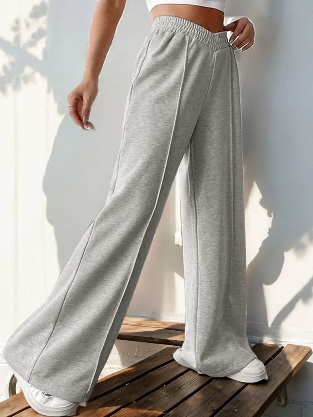 Elastic Waist Wide Leg Pants in Light Gray