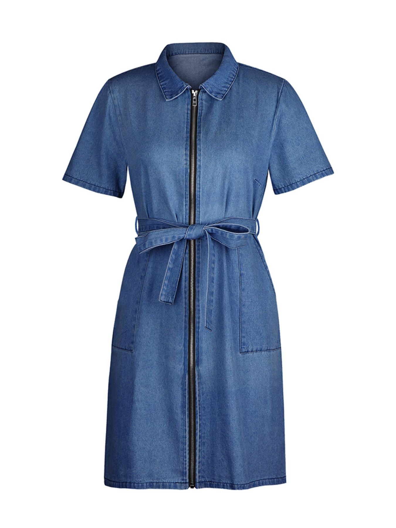 Zip-Front Short Sleeve Denim Dress by Yolan House