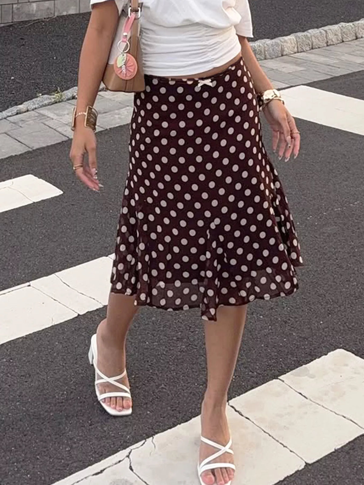 Polka Dot Bow Midi Skirt in Dark Brown