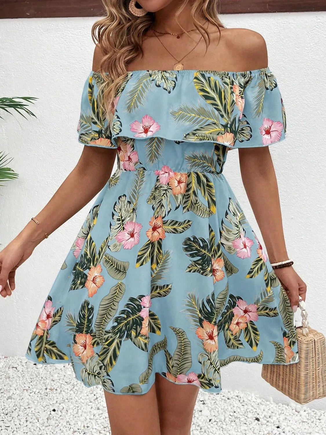 Printed Off-Shoulder Ruffle Mini Dress in Light Blue