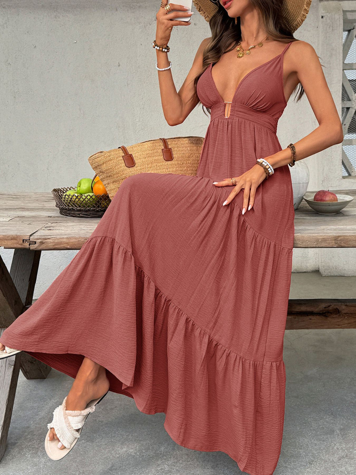 Deep V-Neck Tiered Maxi Dress in Red