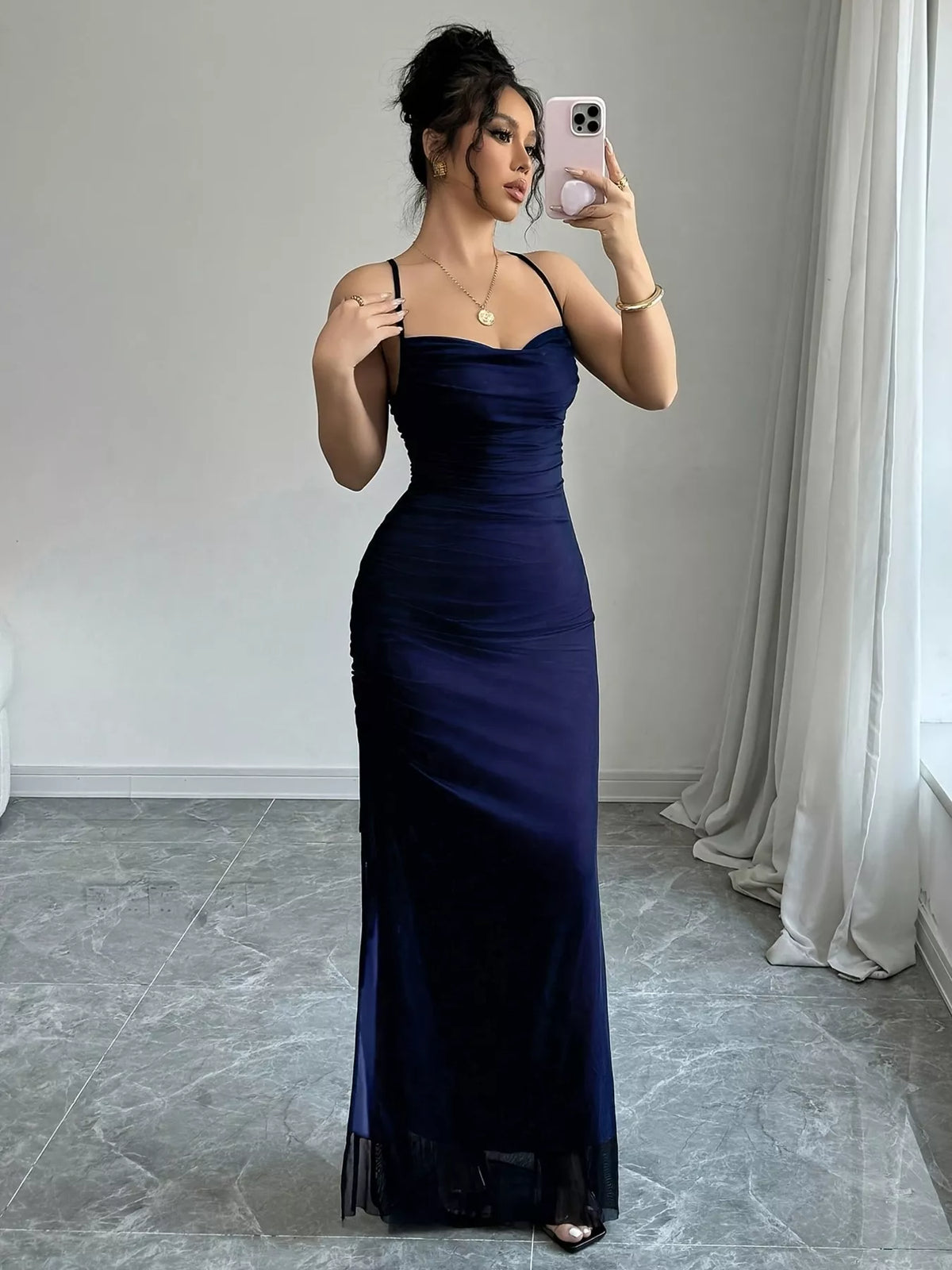 Ruched Slit Maxi Dress in Blue