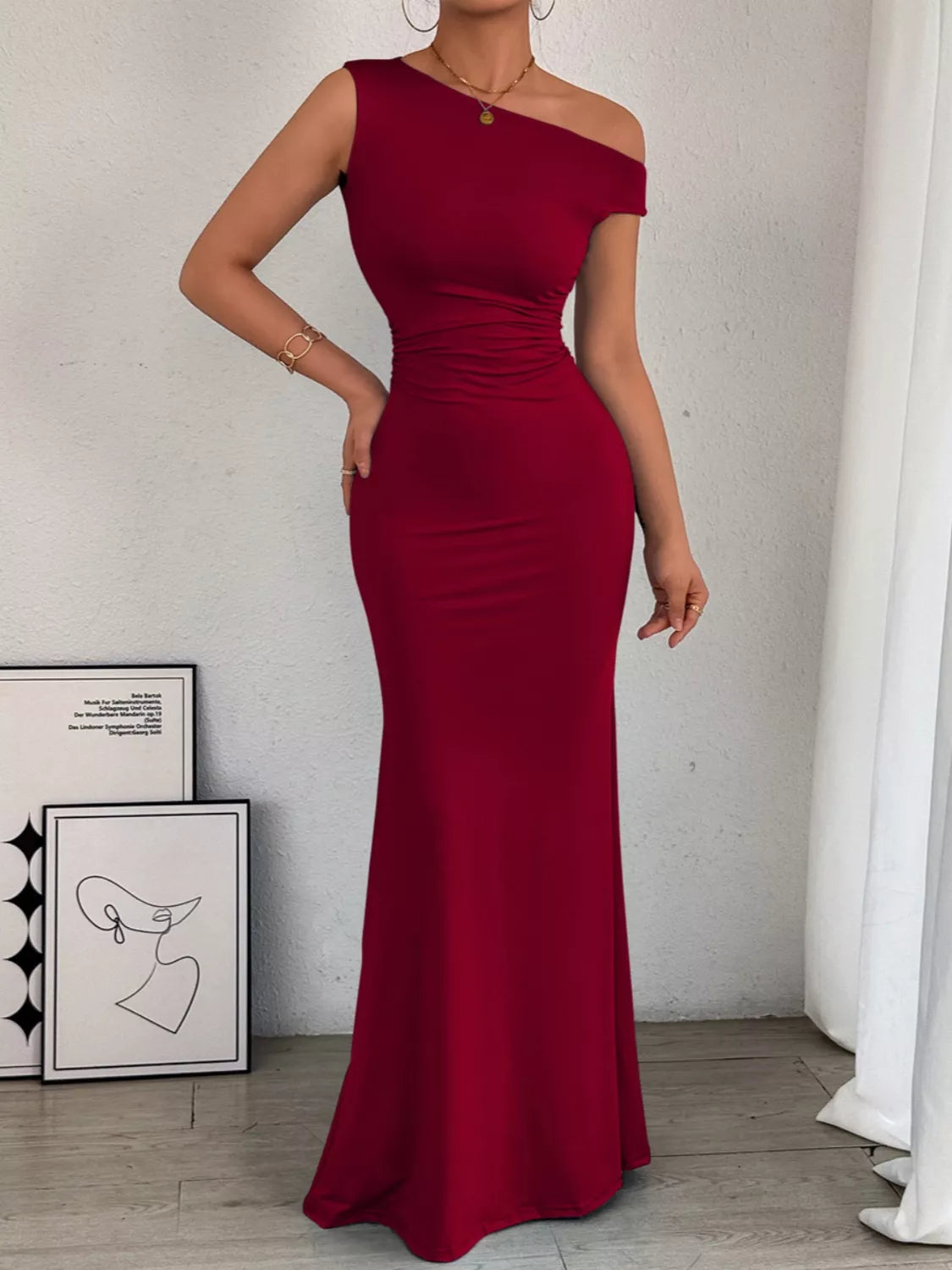 One-Shoulder Ruched Bodycon Maxi Dress
